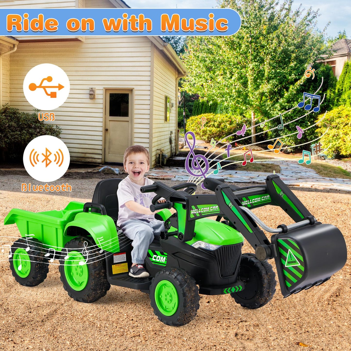 Mellcom Ride On Excavator With Detachable Trailer, 12V Kids Electric Vehicles Ride On Toy With Remote Control, Kids Car With Dig