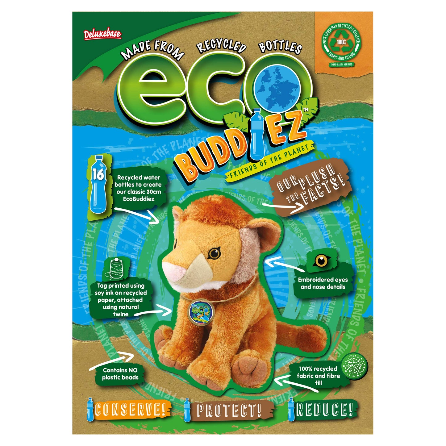 Ecobuddiez - Lion From Deluxebase. 8-Inch Sustainable Plush Animal From Recycled Materials, Eco-Friendly Soft Stuffed Toy, Child