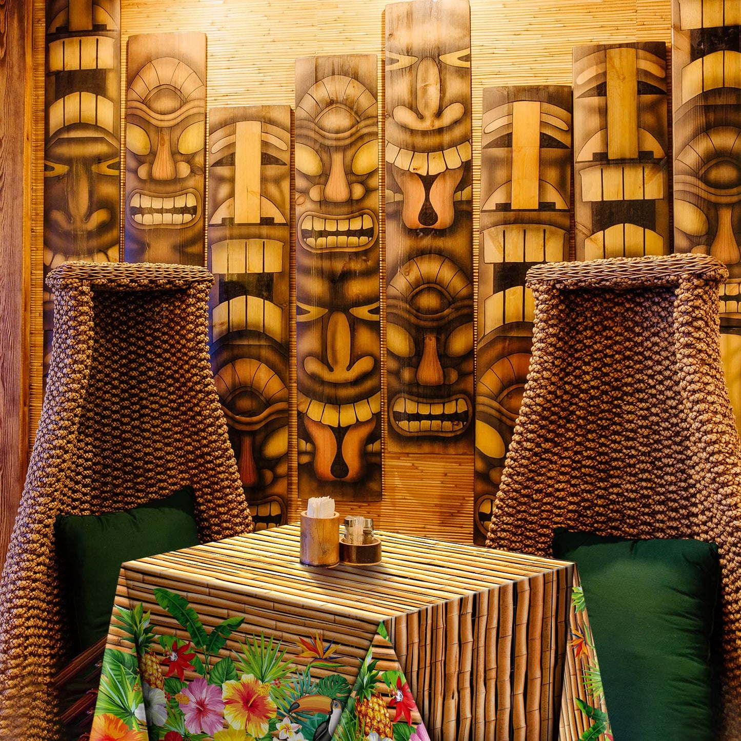 Frienda Tiki Tablecloth Tiki Decorations Luau Table Cover Hawaiian Party Plastic Table Cloth Disposable Tiki Totem Decor For Hawaii Beach Tropical Decoration Supplies Aloha (Modern Style, 6 Pieces)