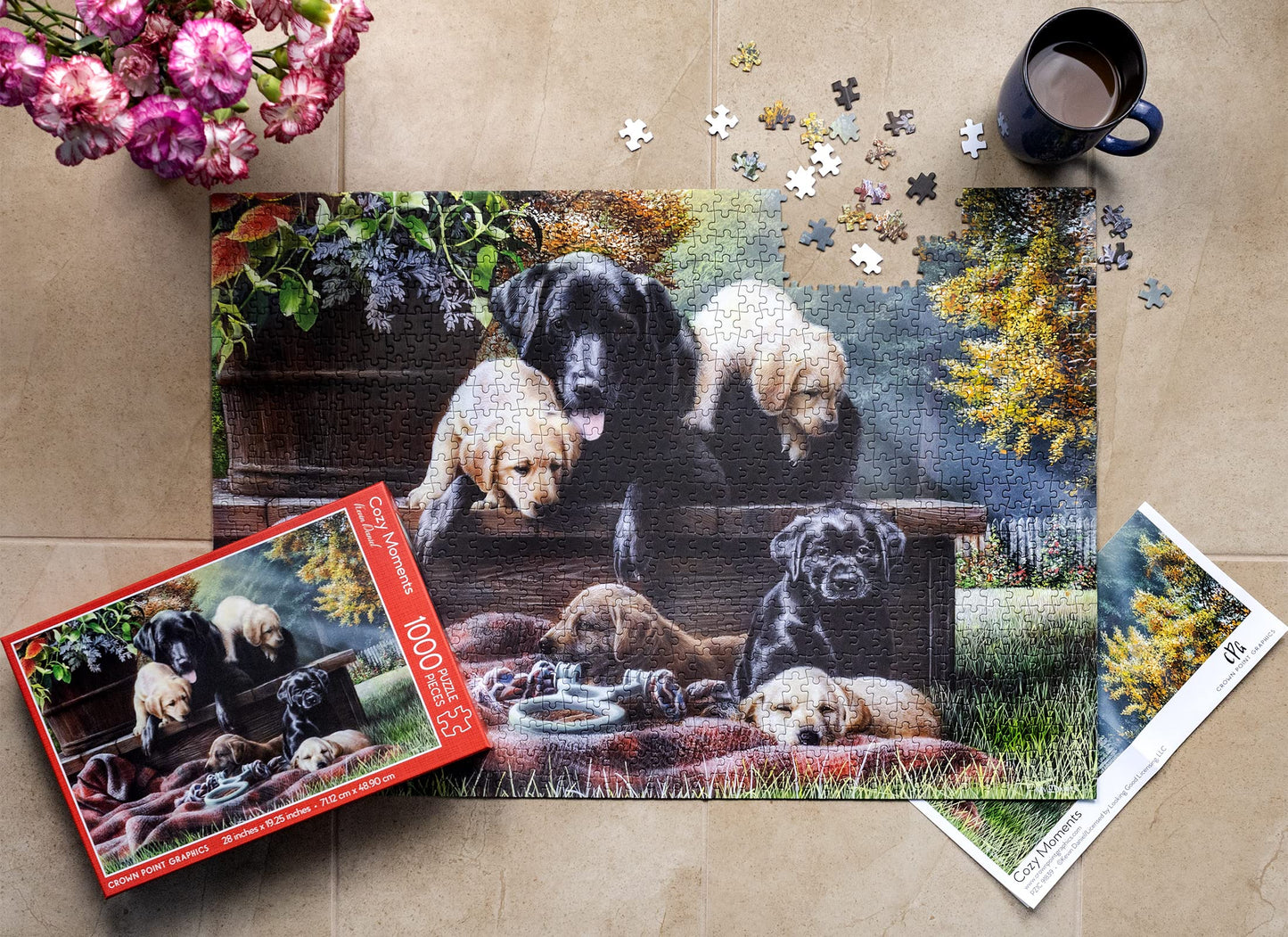 Crown Point Graphics Cozy Moments - 1000 Piece Jigsaw Puzzle - Artist Kevin Daniel - Soft Touch Design - Black Labrador Dog Puzzle With Yellow, Black And Chocolate Lab Puppies