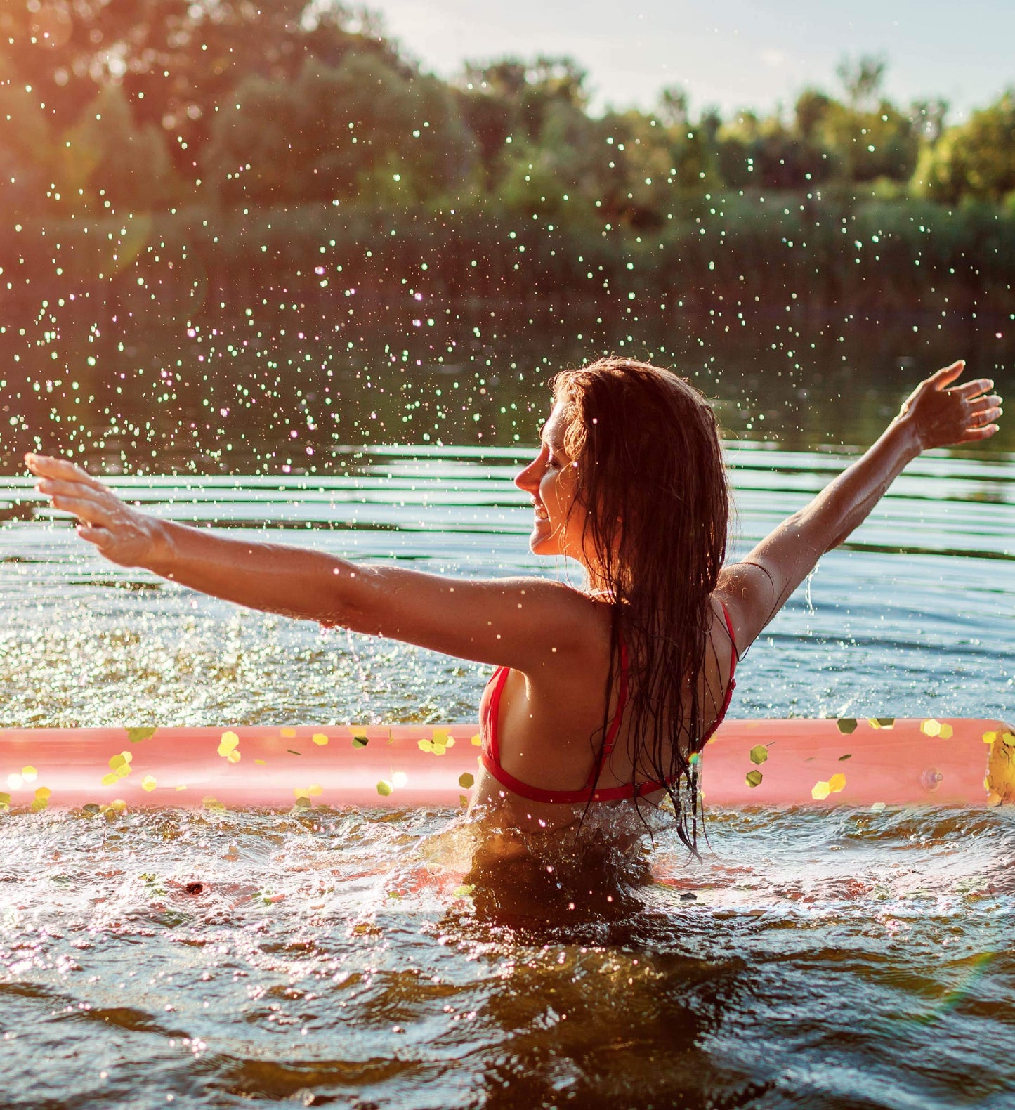 POZA 2 Pack Inflatable Pool Noodles - enhanced Jumbo Pool Noodle Float elegant Giant Pool Floats Set Sparkle Gold Confetti Pool Float for Swimming Pool Beach River and Lake 74 Inches - Rose Gold