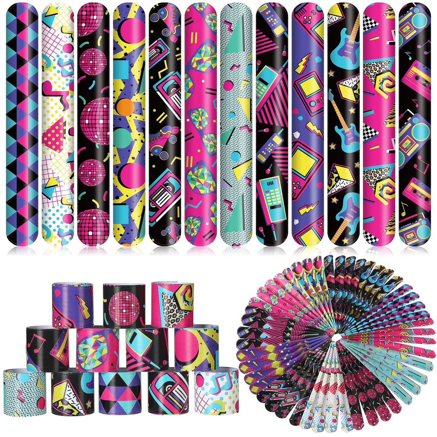 Sosation 60 Pcs 80s 90s Party Slap Bracelets Favors Decorations Slap Wristbands Retro Theme Bracelet Snap Bands Snap Bracelets f