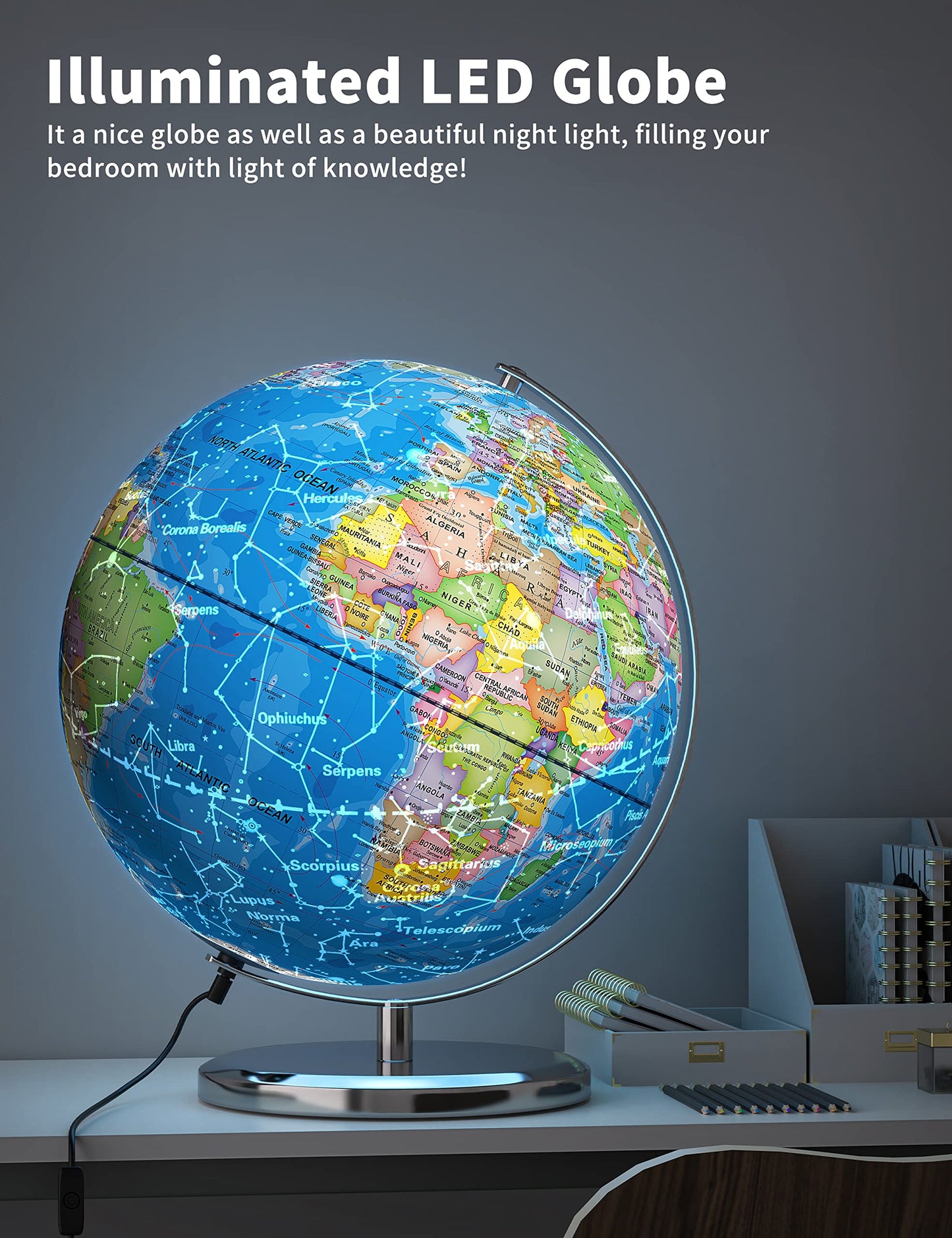 Waldauge Illuminated World Globe With Stand, 13'' Earth Globes With Stable Heavy Metal Base For Kids Classroom Learning, Led Con