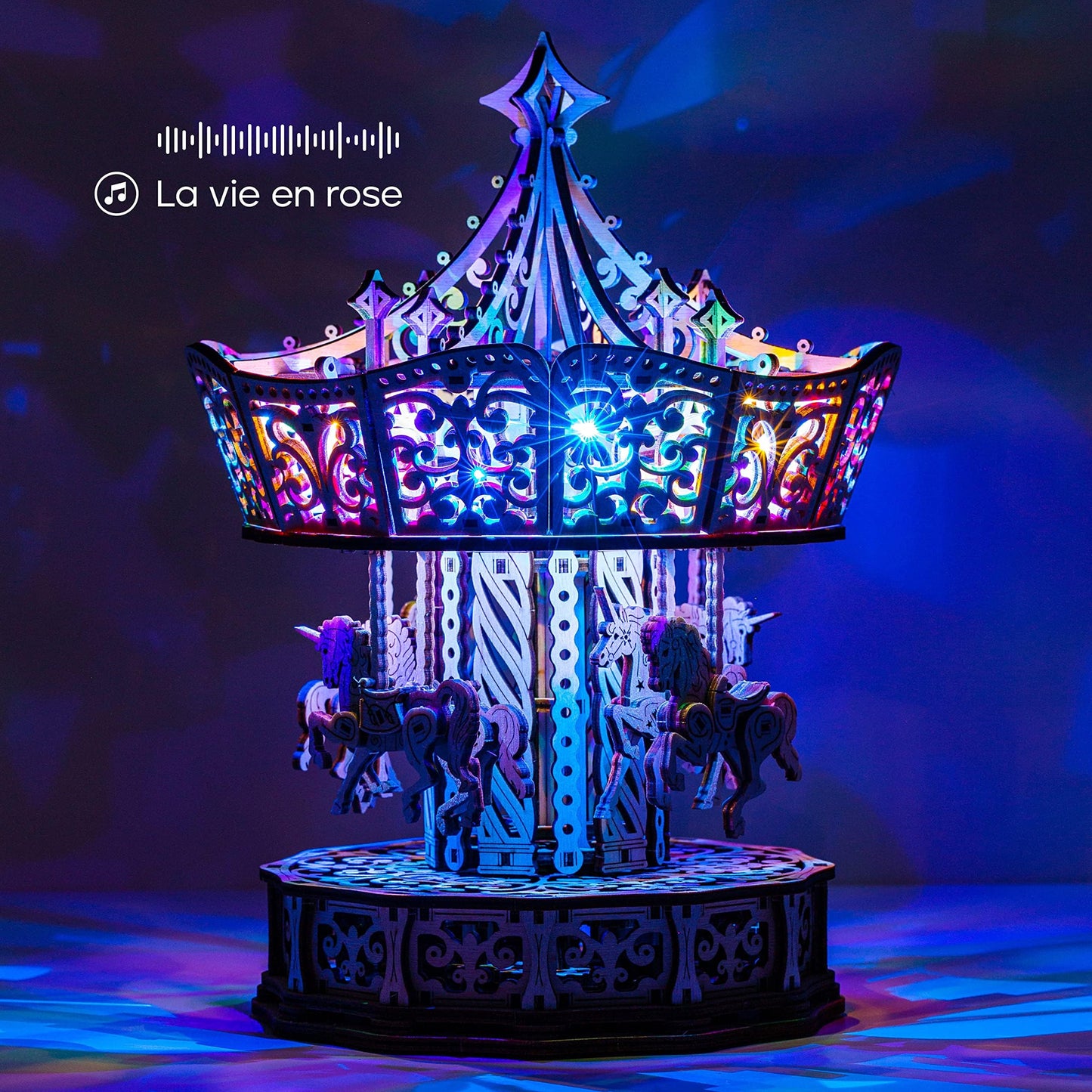 Wood Trick Parisian Carousel Music Box Rotating With Backlit - 3D Wooden Puzzles For Adults And Kids To Build Diy - Wooden Music Box Kit - La Vie En Rose Tune - Engineering Diy Wooden Model