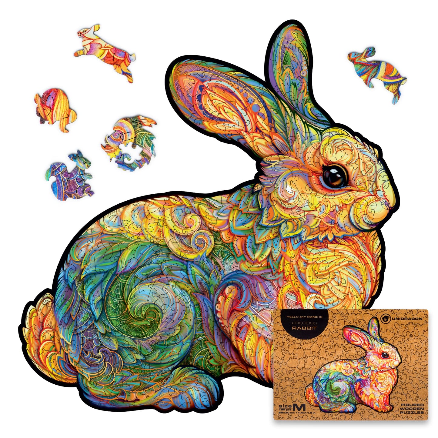 Unidragon Original Wooden Jigsaw Puzzles - Precious Rabbit, 195 Pieces, Medium Size 11.4'X11.8', Beautiful Gift Package, Unique Shape Best Gift For Adults And Kids