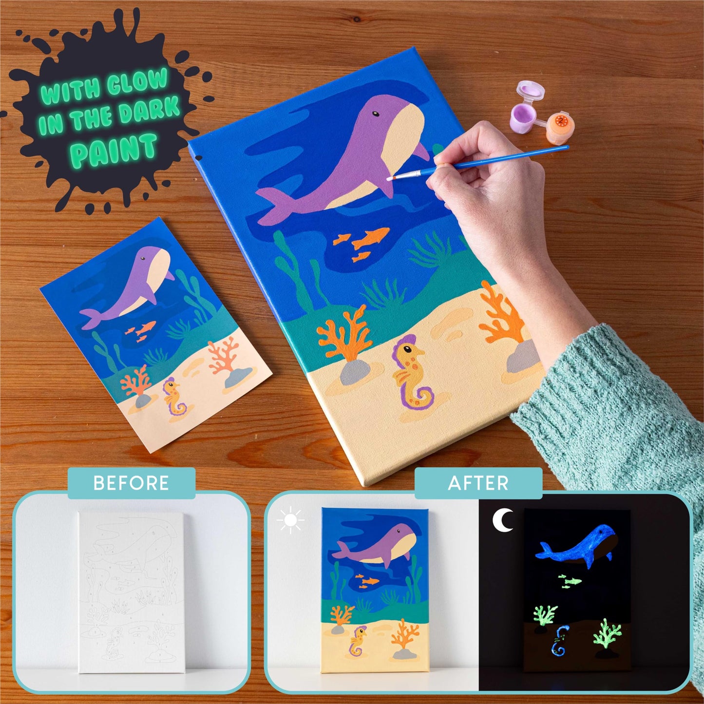Bonnyco Paint By Numbers Kit For Kids Sea Animals Pack 3 Canvas Paint By Number Canvas Framed, Ocean Gifts For Kids, Arts And Crafts 4-6 8-12 Pintar Por Numeros Pre Drawn Painting Under Sea Crafts