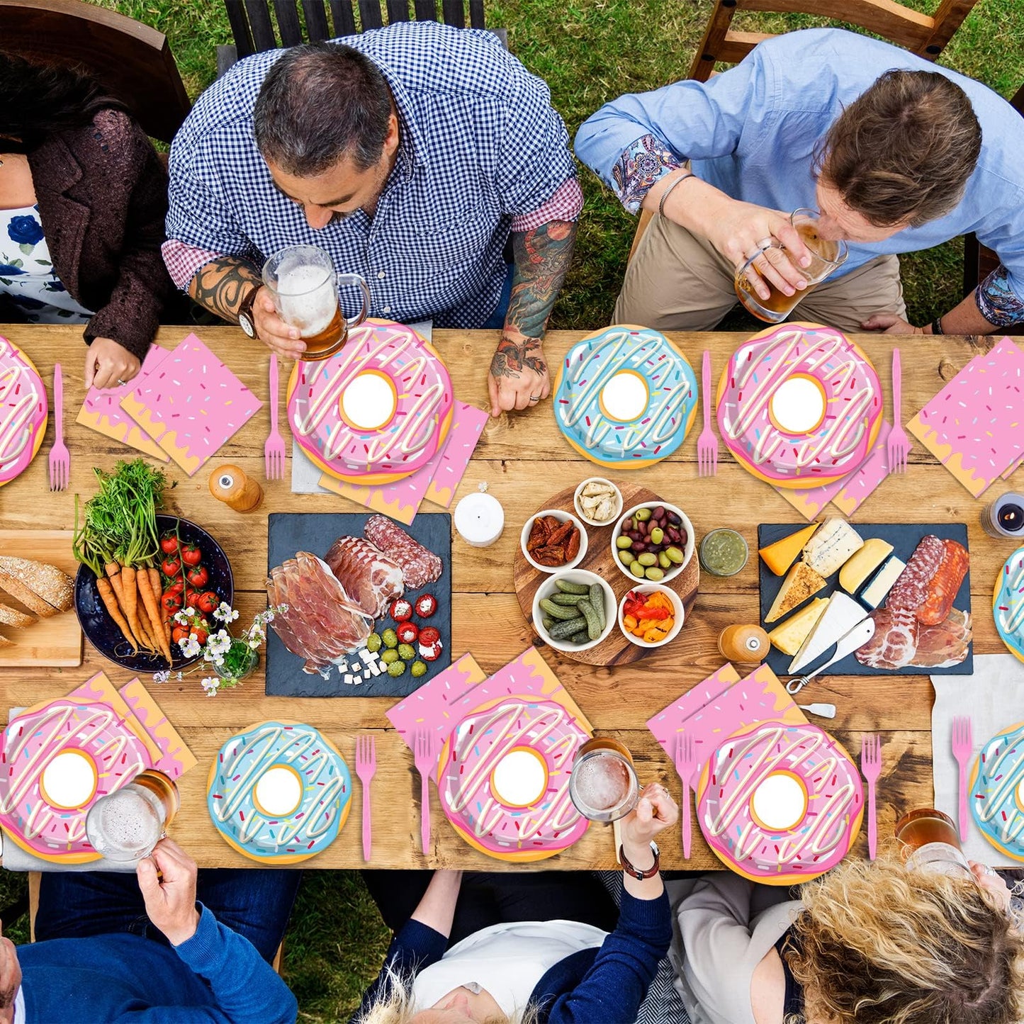 Tevxj 96Pcs Donut Themed Birthday Tableware Set Donuts Pink Dinnerware Disposable Plates Sweet Party Plates Napkins Forks For Baby Shower Party Decorations Supplies 24 Guests