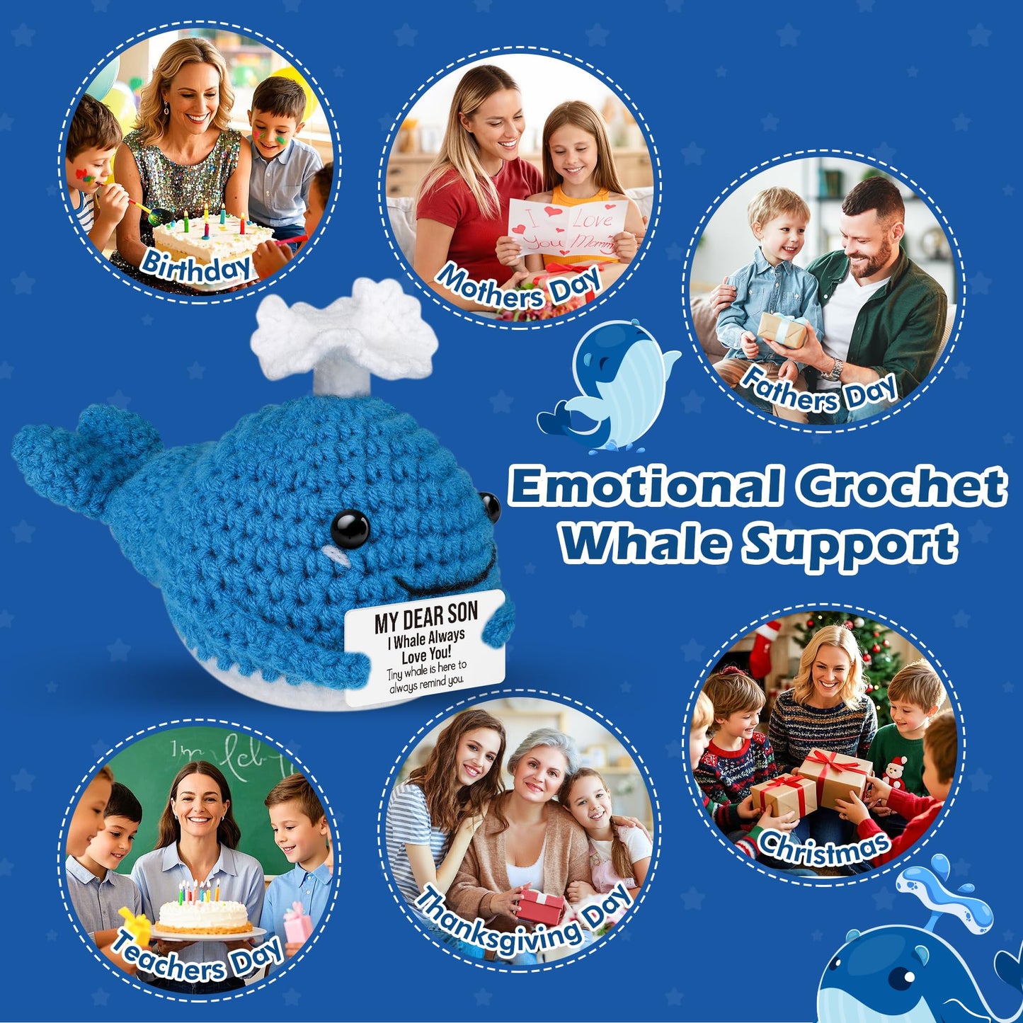 Funny Crochet Whale Son Christmas Birthday Gifts Son Gifts from Mom Dad Unique Stocking Stuffers Ideas for Men Teen Boys Big Little Grown mature-themed Bonus Step Son in Law Cute Handmade Knitted Stuff Decor