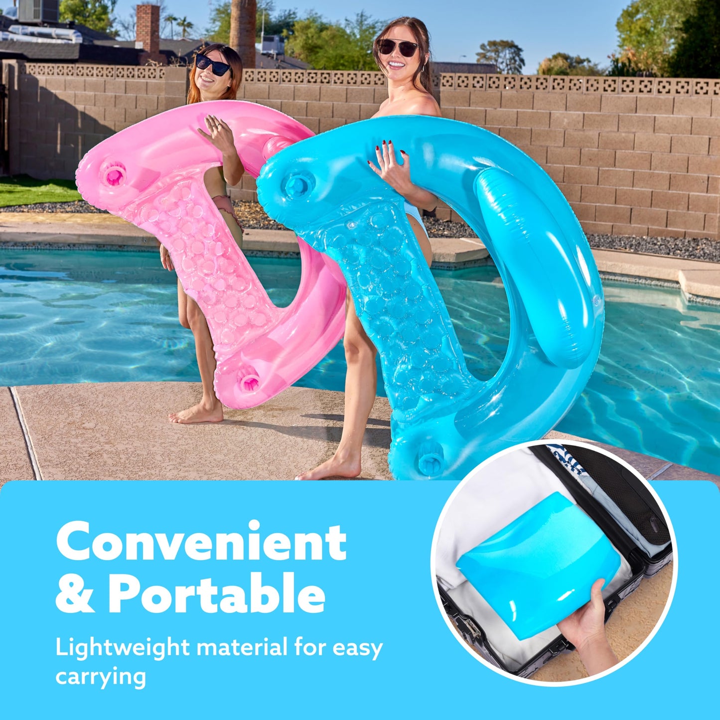 SLOOSH Inflatable Pool Floats mature-themed 2 Pack Pool Chairs with Cup Holders Pure Blow up Floats Chair Hck Noodle Mat for Relaxing Summer Water Fun Swimming Party Beach Blue Pink