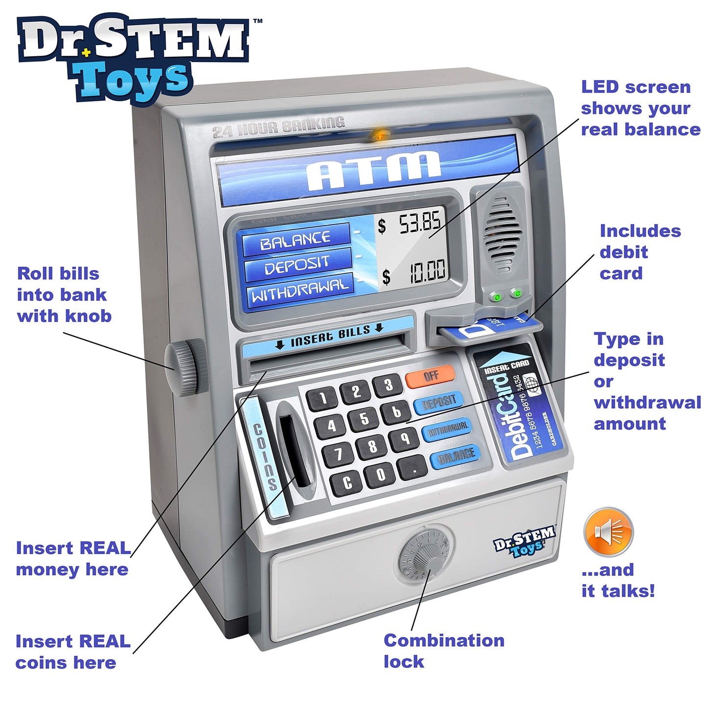 Dr. STEM Toys Kids Talking ATM Machine Savings Piggy Bank with Digital Screen, Electronic Calculator That Counts Real Money, and
