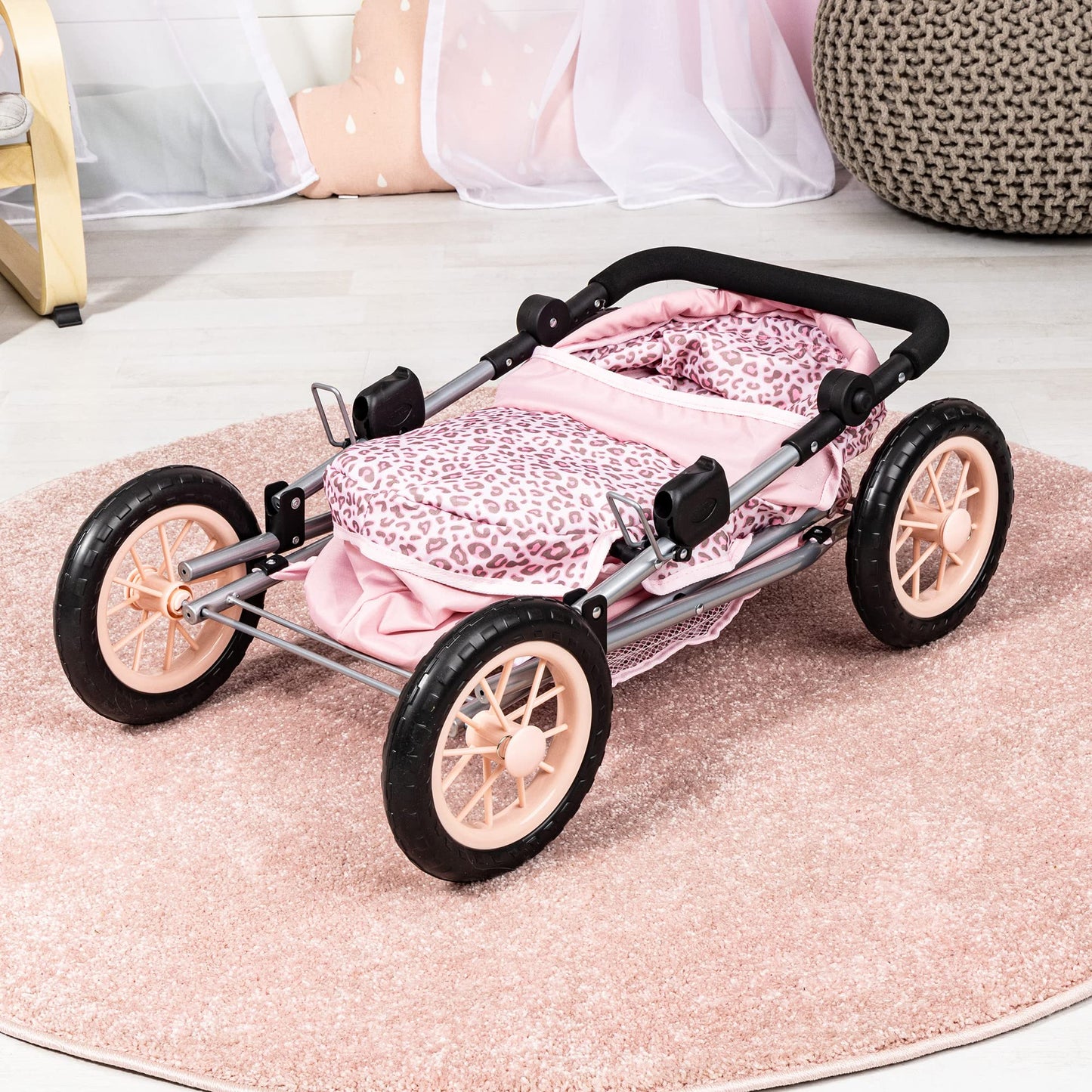 Bayer: Trendy Pram - Pink & Animal Print- Includes Shoulder Bag, Fits Dolls Up To 18, Adjustable Handle, Pretend Play, Shopping