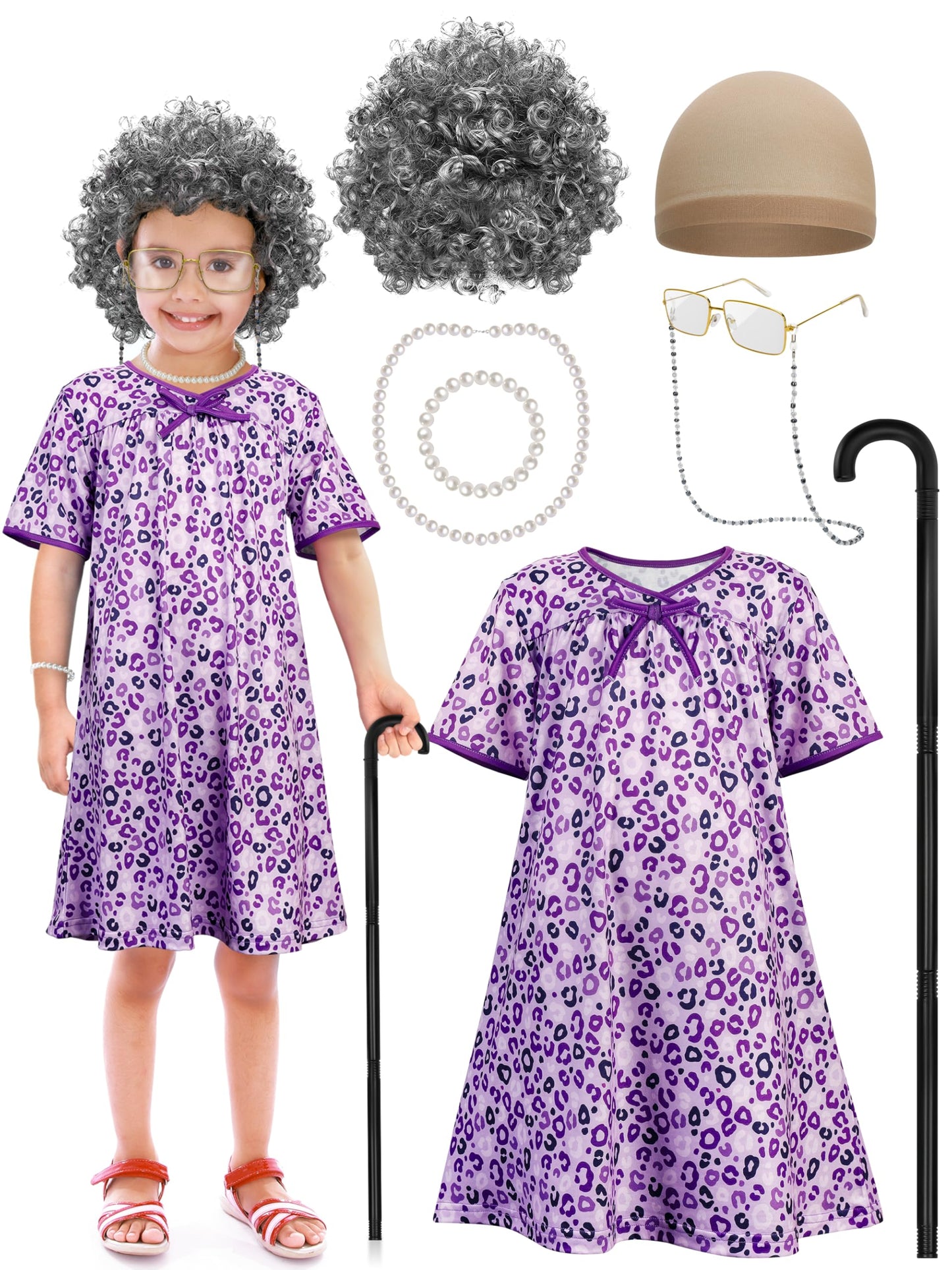 Huskein Old Lady Costume For Kids, Girls 100 Day Of School Cosplay Black White Curly Wig Cap Glasses Cane Necklace Bracelet