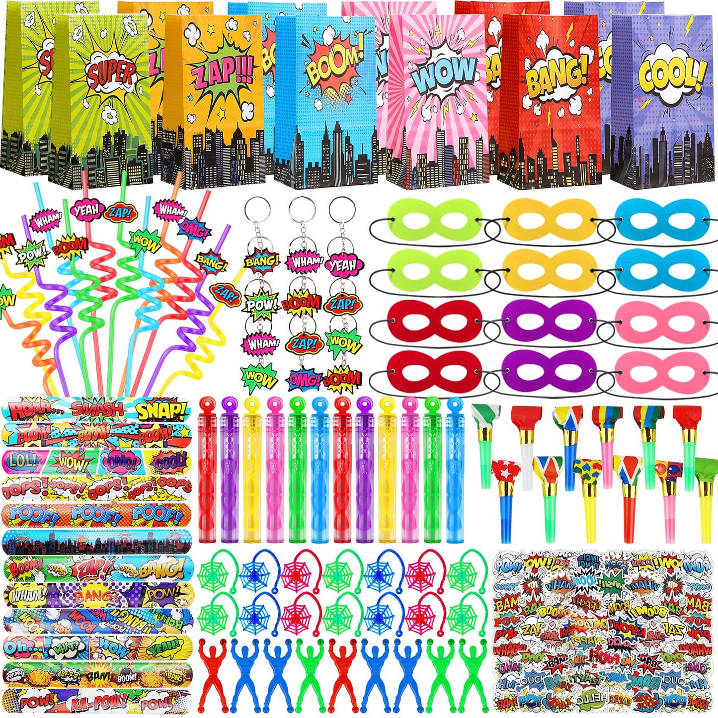 We1stdsee 158Pcs Hero Party Favors - for 12 Guests, Hero Birthday Party Supplies, with Mask Straw Slap Bracelets Keychain Party