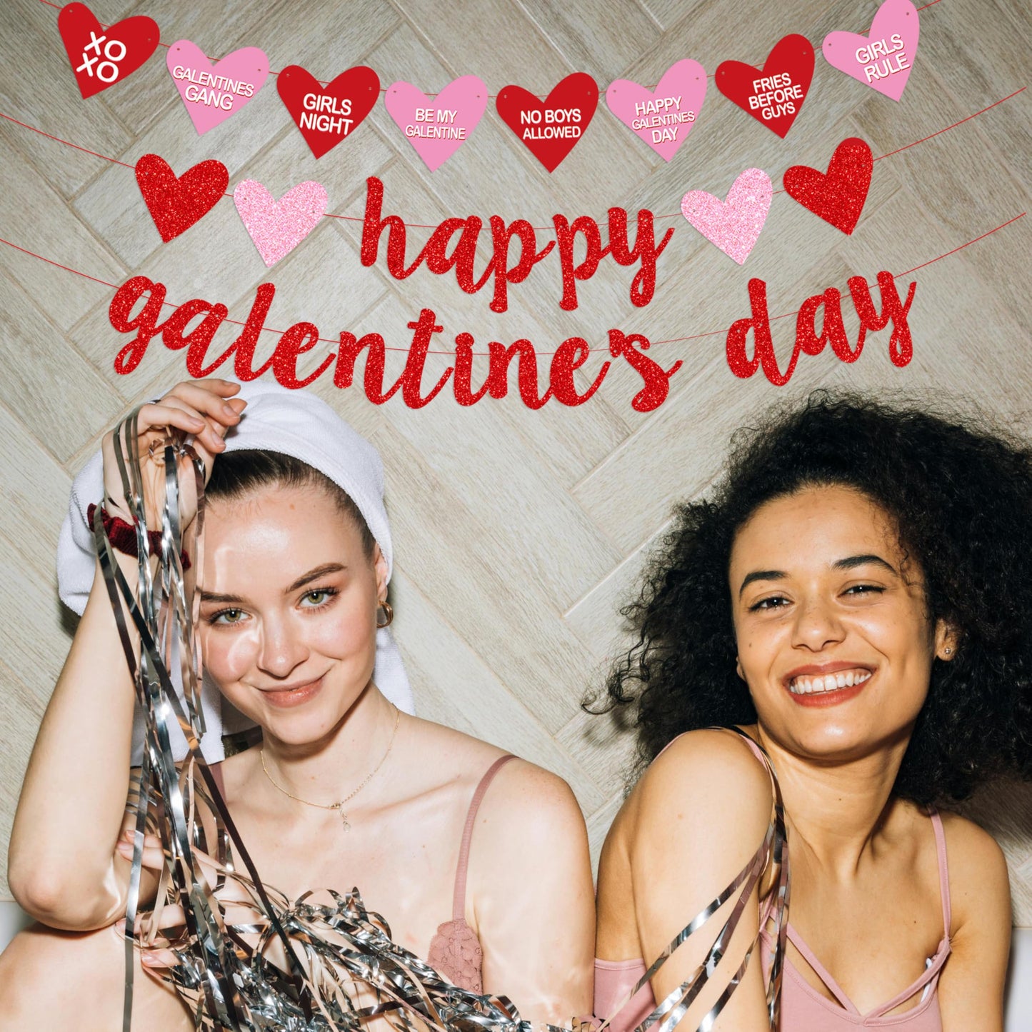 Happy Galentines Day Banner, Red Glittery Galentines Day Decorations with Heart Garland Hanging Swirls, Ladies Girls Happy Vale