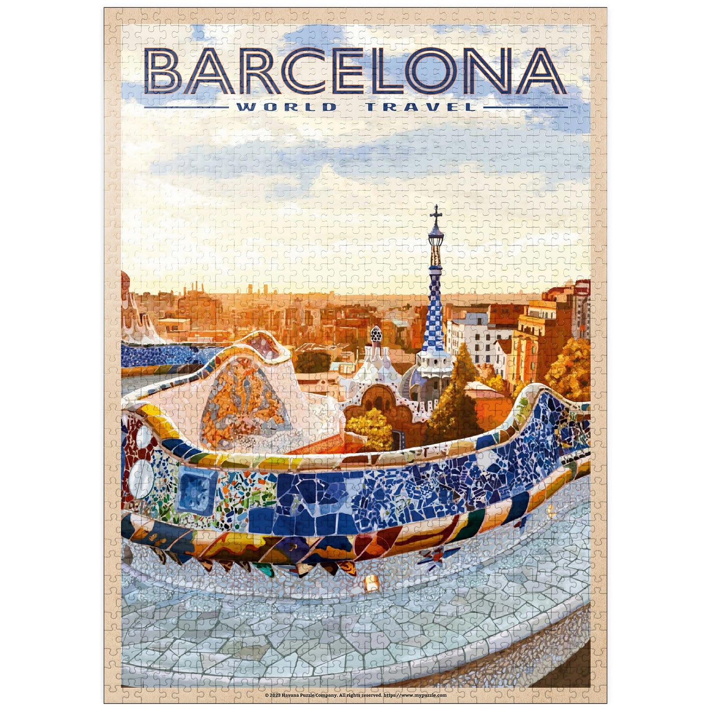 Mypuzzle Barcelona, Spain - Park Gell, Mosaic Mirage At Dusk, Vintage Travel Poster - Premium 1000 Piece Jigsaw Puzzle For Adult