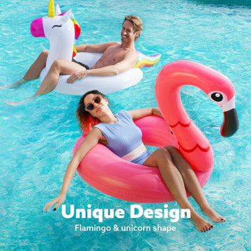 SLOOSH 2-Pack Unicorn Flamingo Pool Floats - Inflatable Pool Floaties Swimming Party Decorations, Fun Float Swim Rings Floating
