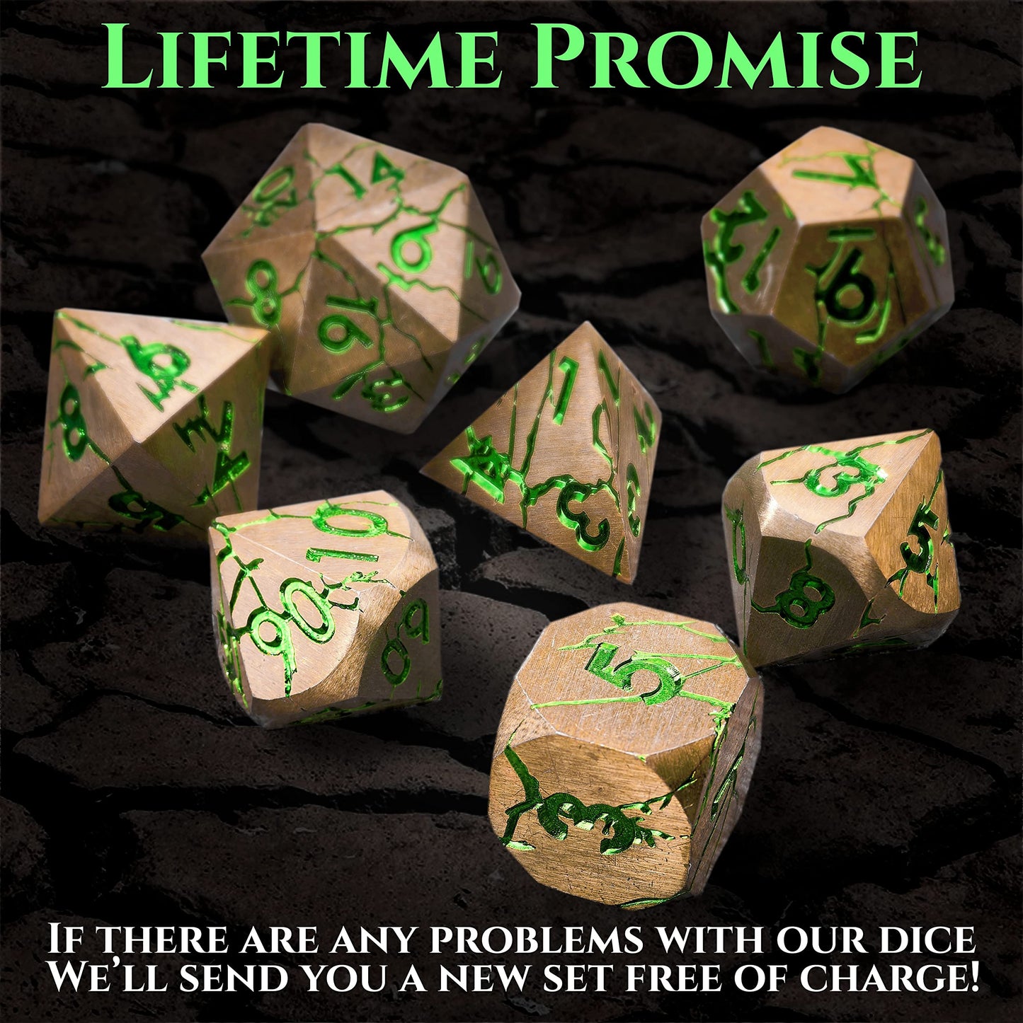 DND Metal Dice - Pharaoh Ruins Gold Metal Dice with Green Cracks - Polyhedral Dice Set for RPG D&D MTG Pathfinder and More - Bea