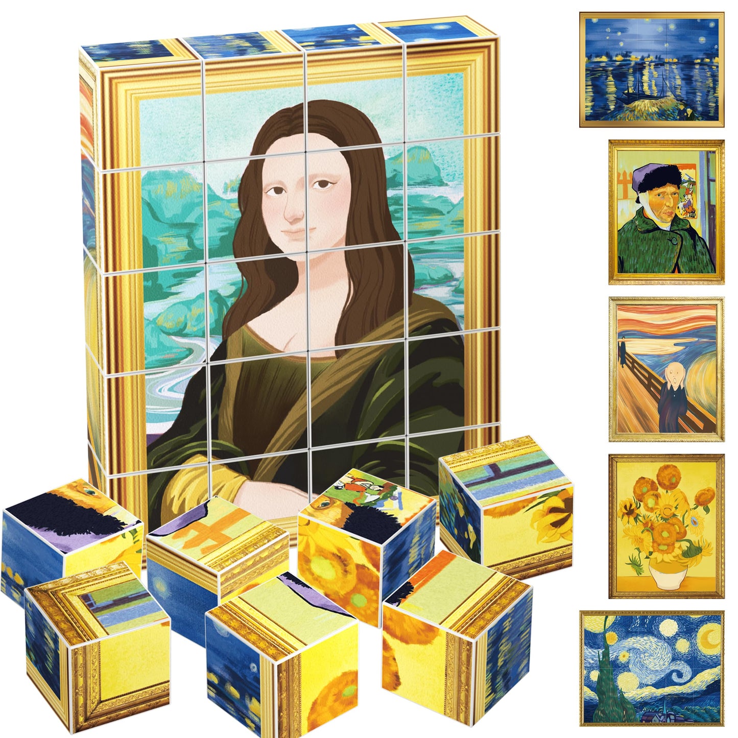 Picassotiles 1 Magnetic Puzzle Building Cubes Blocks For Kids, Van Gogh Puzzle, Mona Lisa Hand Puzzle, Kids Toys 3+ Year Old