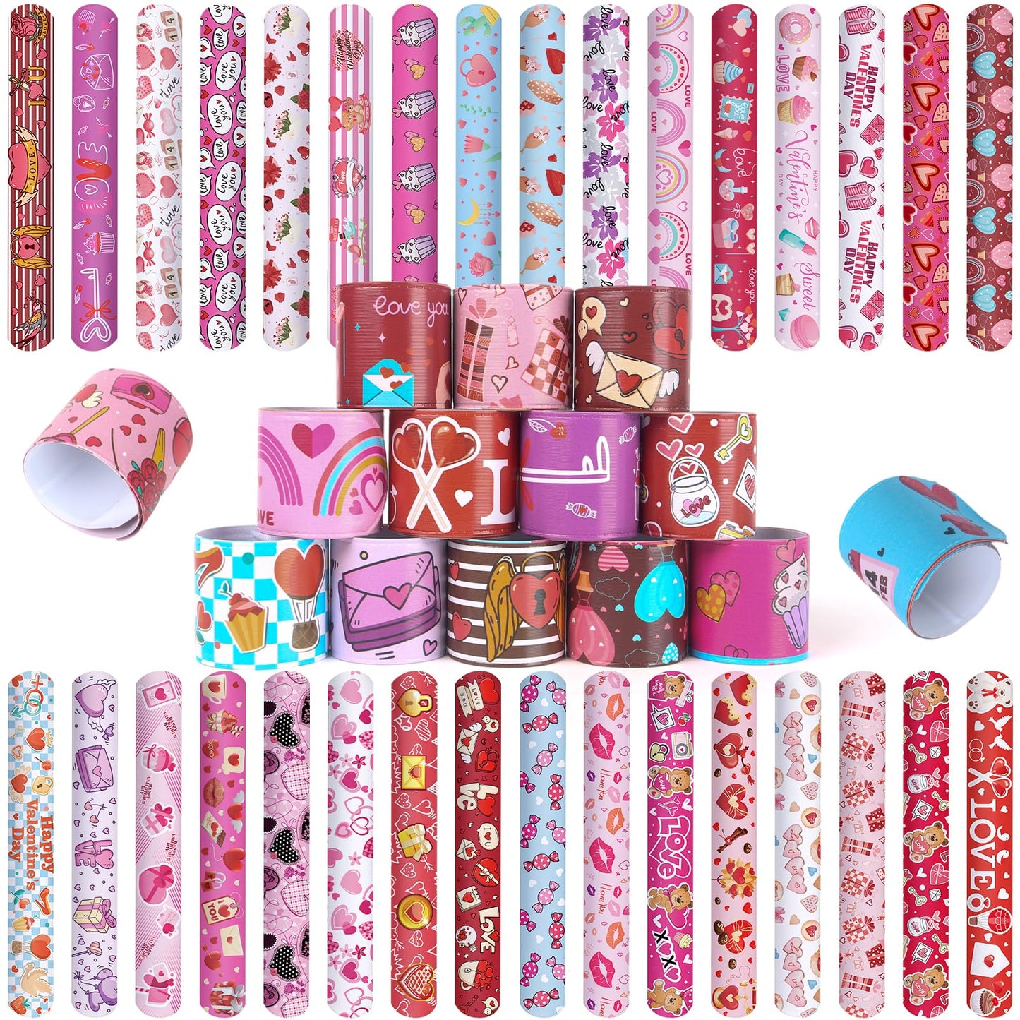 MCPINKY 64PCS Valentines Day Slap Bracelets, Slap Wristbands Assorted Red Valentines Day Snap Bands for Valentine's Day Party Fa