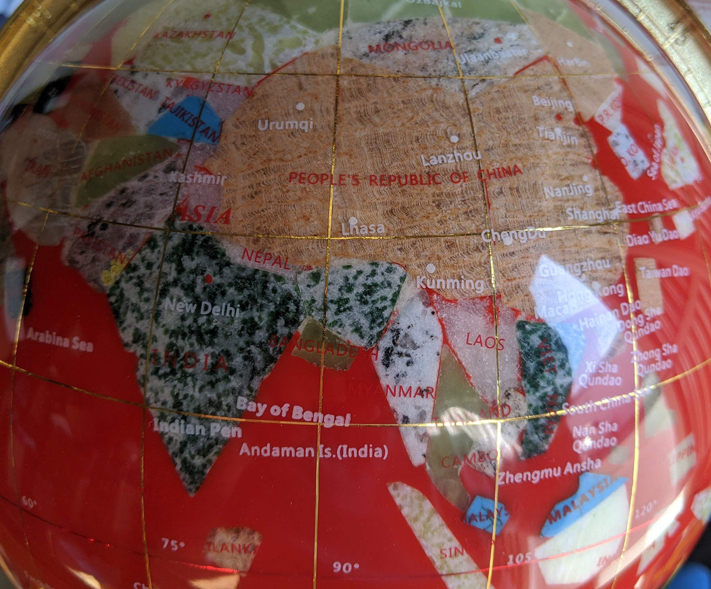 Unique Art 13-Inch Tall Table Top Red Ocean Gemstone World Globe With Gold 4 Leg Stand