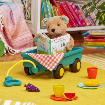 B. Toys- Happyhues - Cara-Mellow Bear Playset- Plush Bear With Picnic Play Set-Board Book - Wagon & Play Food - 18 Months +