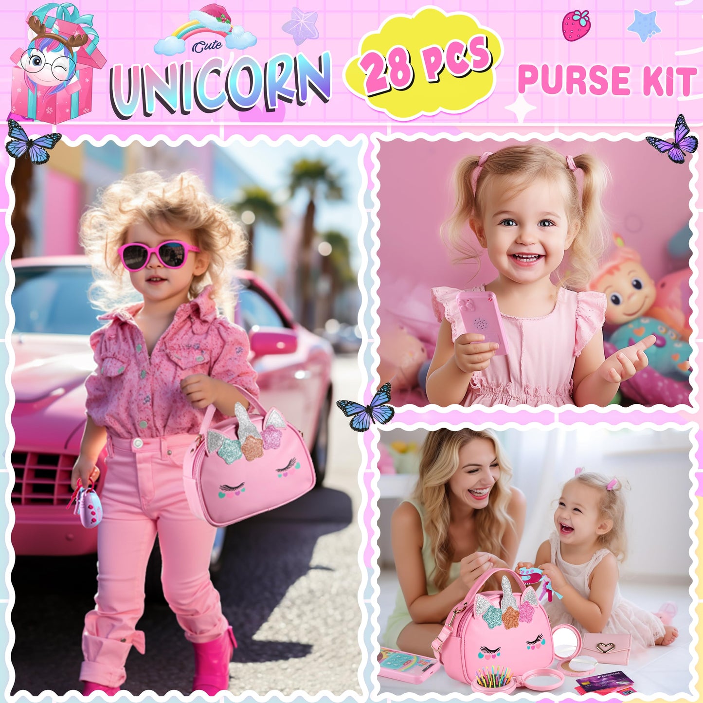 Toddler Girls Purse Toys Age 3-5 4-5 6-8, Kids Unicorn Play Purse Toys For Girls, Pretend Makeup Kit, Princess Pretend Play Girl