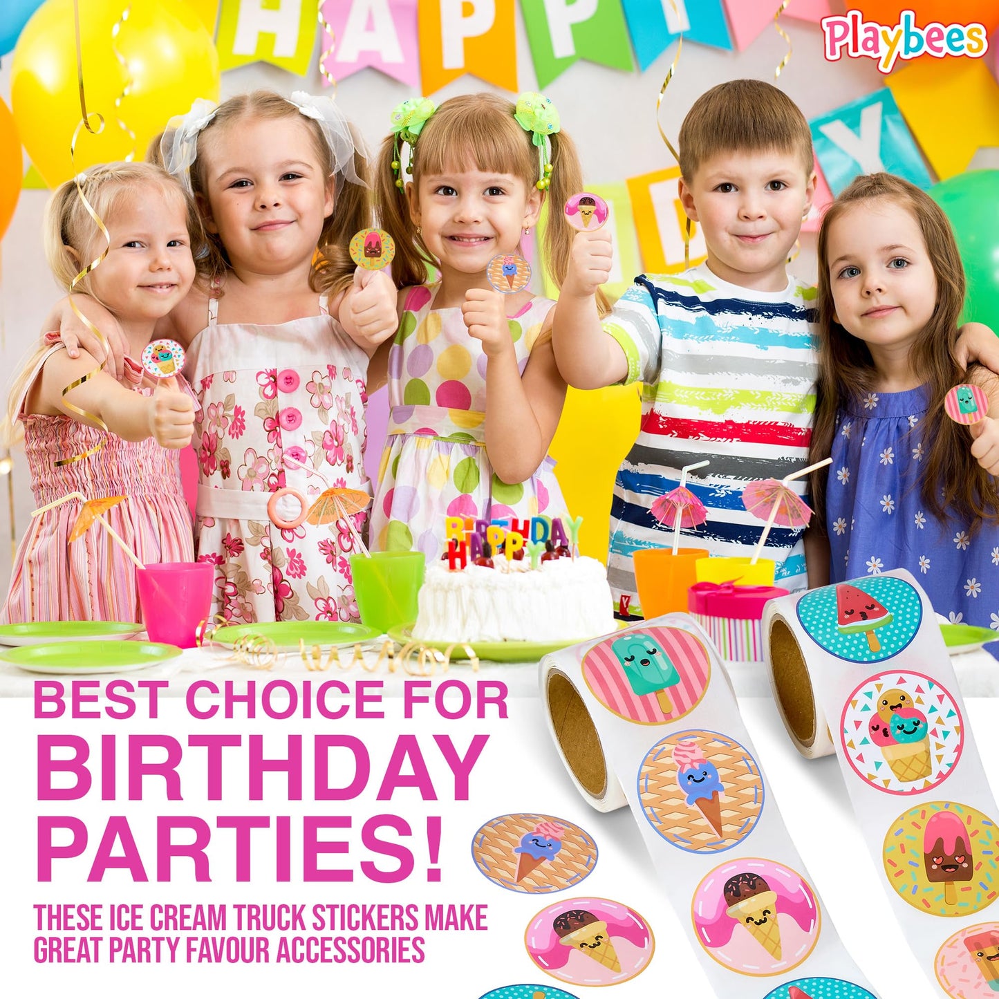Playbees Ice Cream Parlor Stickers For Kids - 200 Pack Of Sweet-Themed Designs - Ideal For Diy Arts And Crafts, Scrapbooking, Te