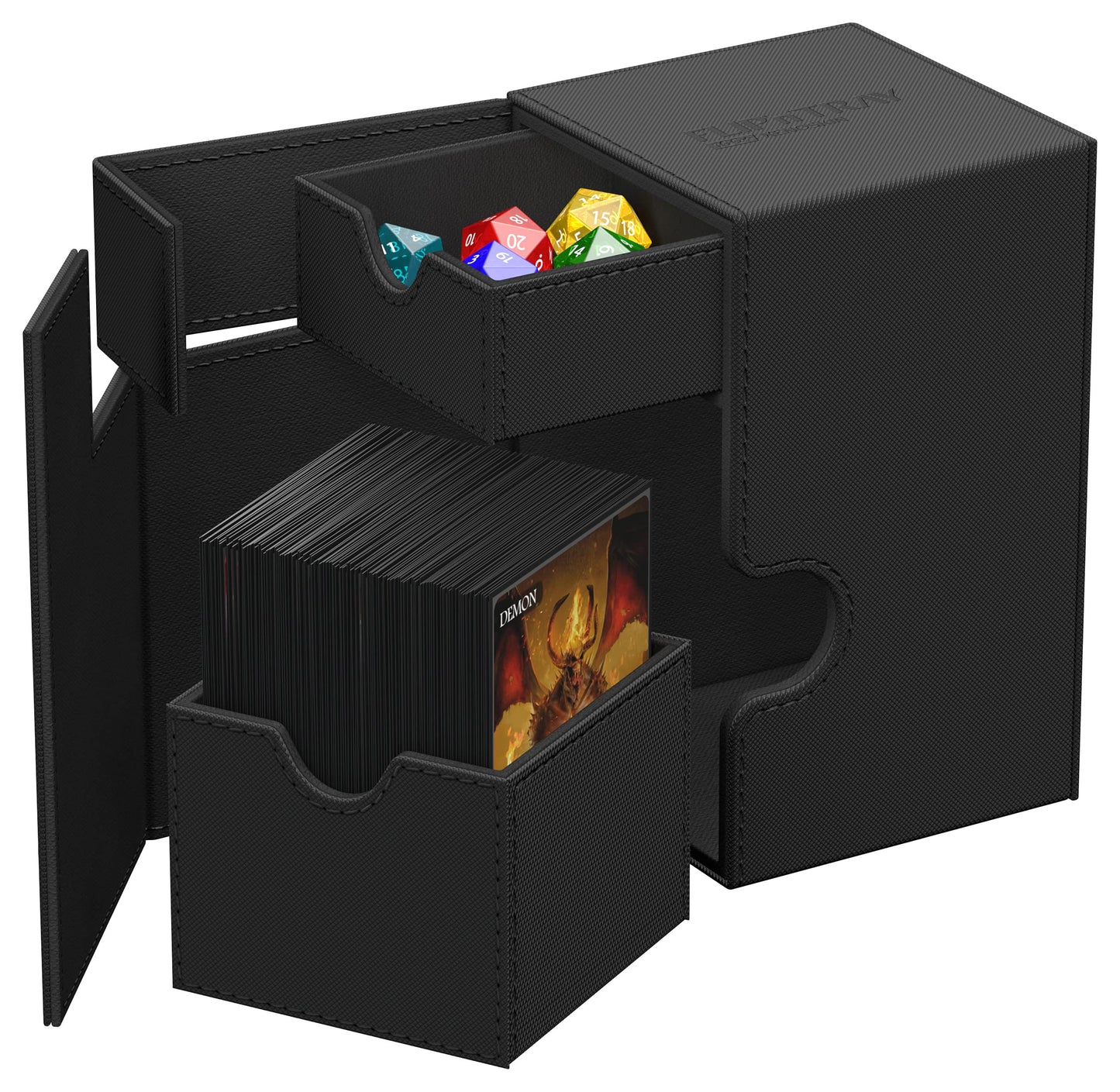 Ultimate Guard Flip'N'Tray 100+, Deck Case For 100 Double-Sleeved Tcg Cards + Dice Tray, Black, Independent Magnetic Closure & Microfiber Inner Lining