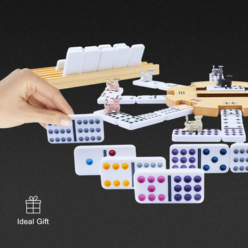 GOTHINK Double 12 Mexican Train Dominoes Set, 91 Tiles, Wooden Trays, Metal Trains, Storage Case - Family Fun Game