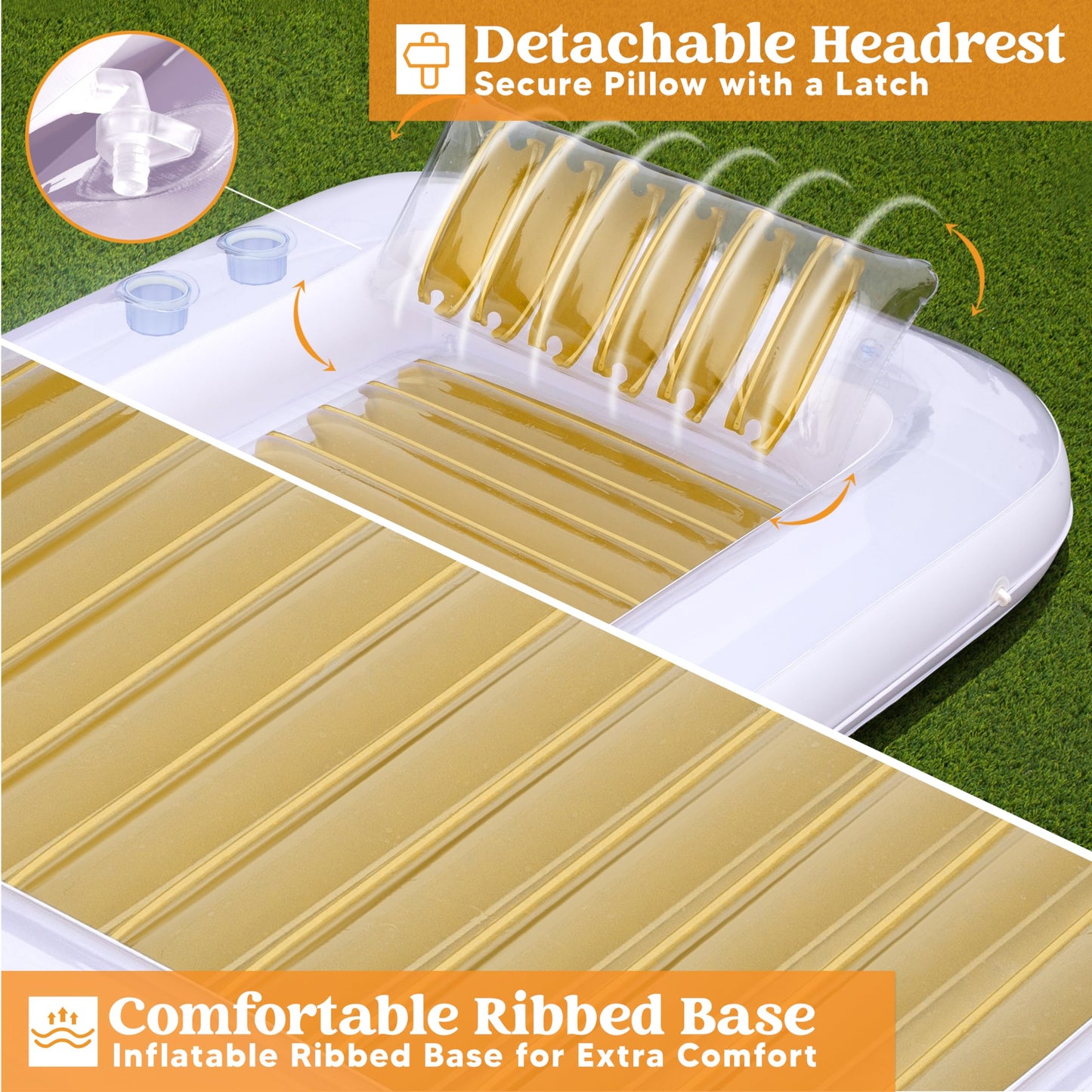 Sloosh Inflatable Tanning Pool Lounge Float 70 x 46 Suntan Tub Raft Floatie Tanning Pool with Pillow Personal Pool Lounger for mature-themed Summer Water Party L-Golden White