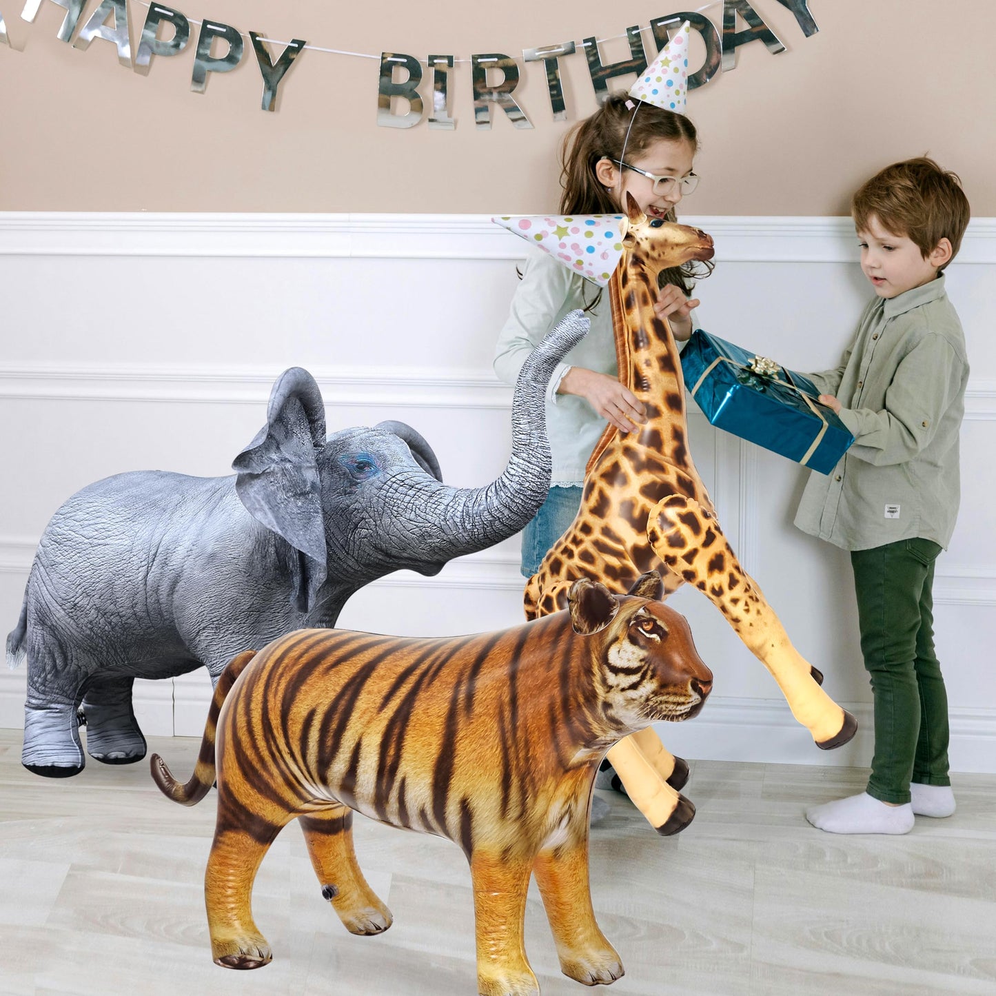 Jet Creations Inflatable Wildlife Bundle - Giraffe 36"H, Elephant 36"L, Tiger 40"L, Multicolor, PVC Material, Realistic Stuffed Animals