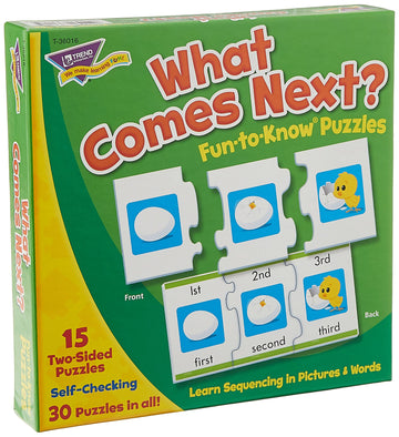 Trend Enterprises: Fun-To-Know Puzzles: What Comes Next? Learn Sequencing In Pictures & Words, 15 Three-Piece Two-Sided Puzzles, Self-Checking, 30 Puzzles Total, For Ages 4 And Up