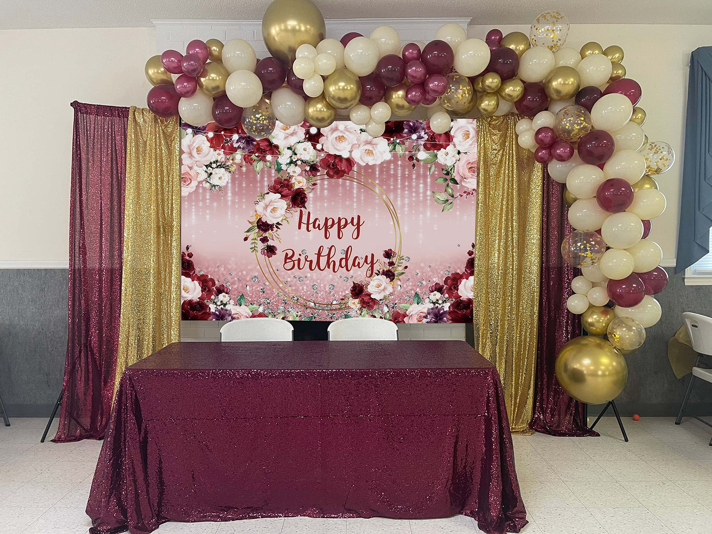 Floral Happy Birthday Backdrop for Women 7x5FT Burgundy Flowers Rose Gold Glitter Bokeh Photography Background Girls Birthday Pa