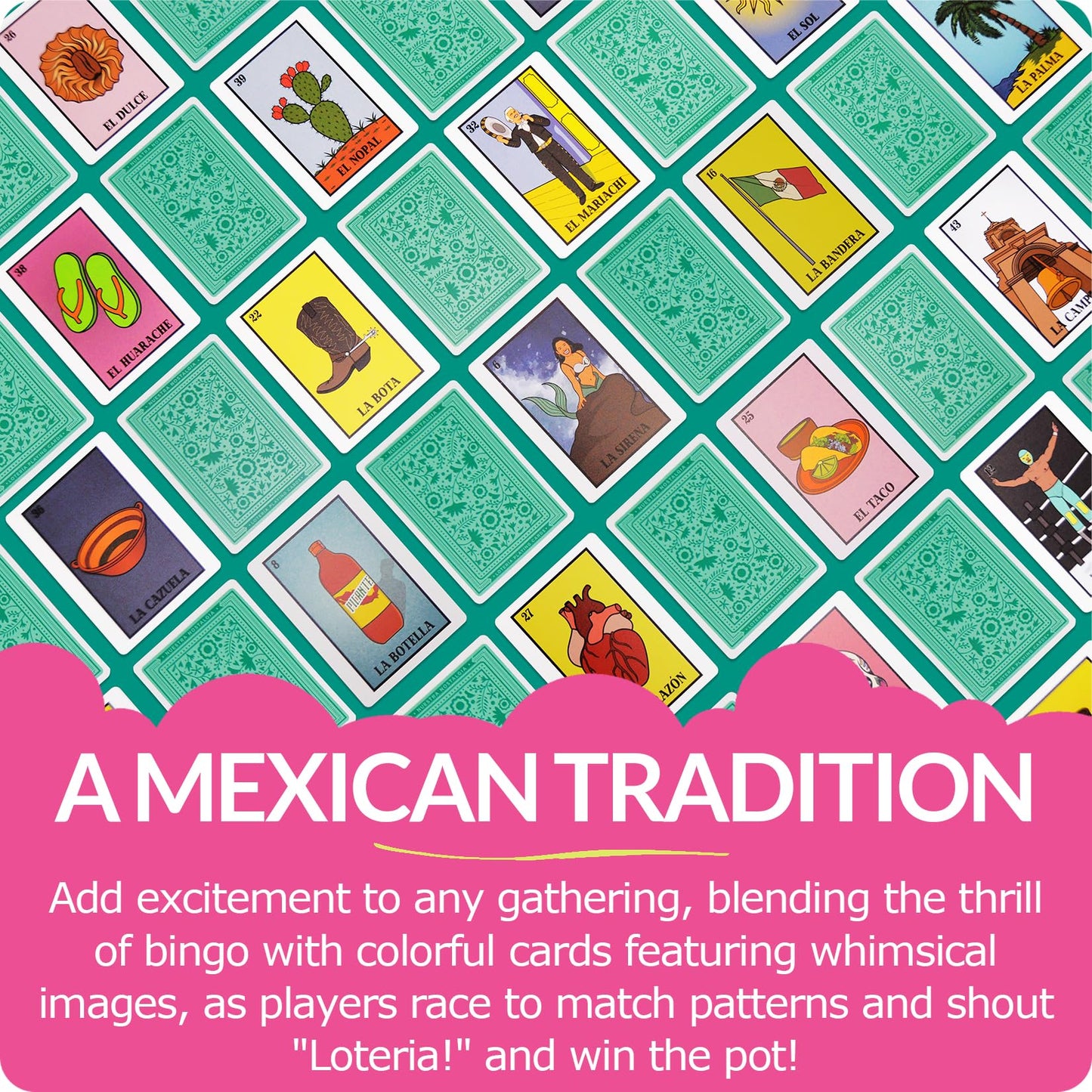 Waterproof 20 Player Loteria | 12 Inch By 8 Inch Boards | Shuffleable Card Deck | No Stereotypical Characters | Extendable Up To