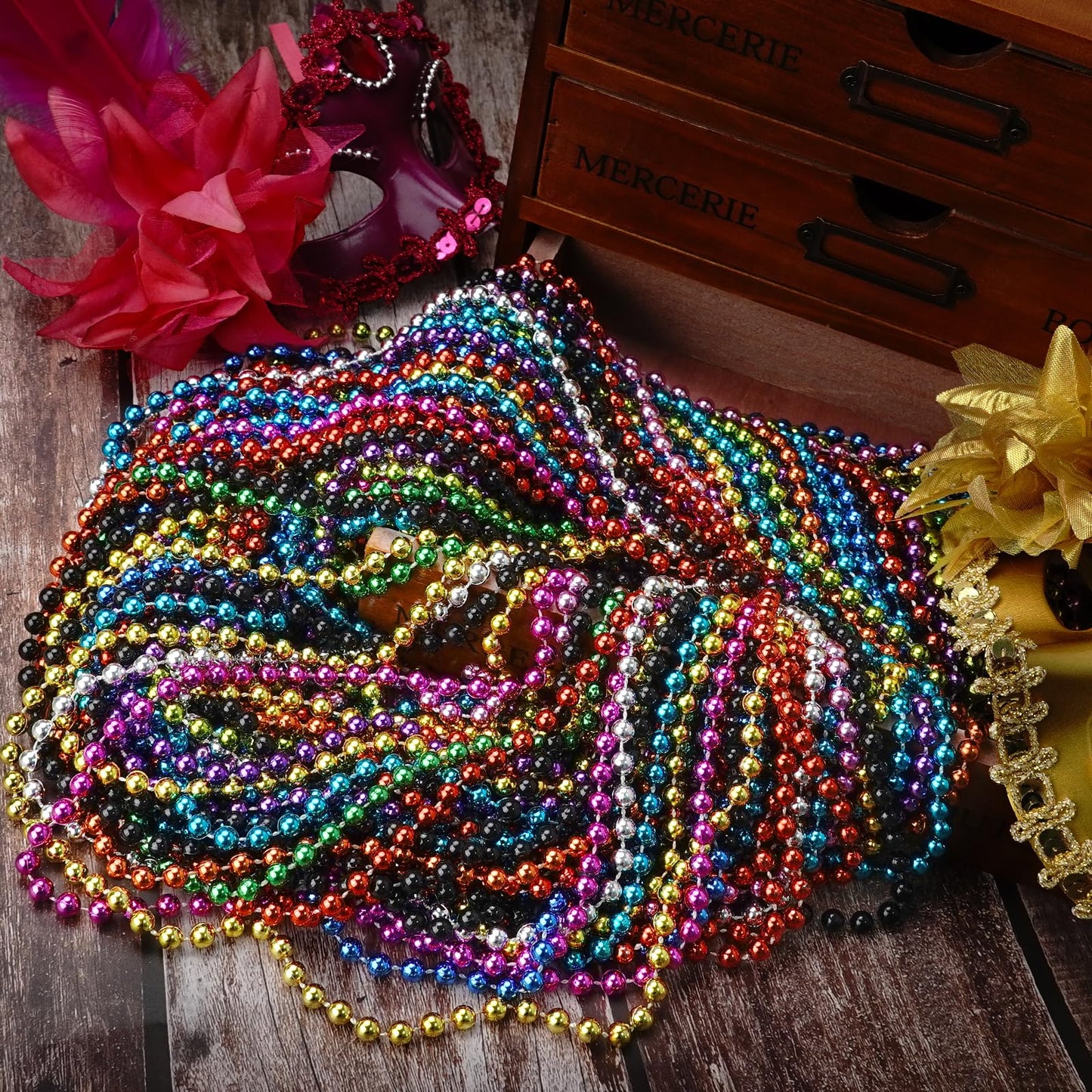 72 PCS Metallic Silver Bead Necklaces, 33 Inch 7 mm Mardi Gras Beads Bulk Round Beaded Necklaces Costume Necklace for Mardi Gras