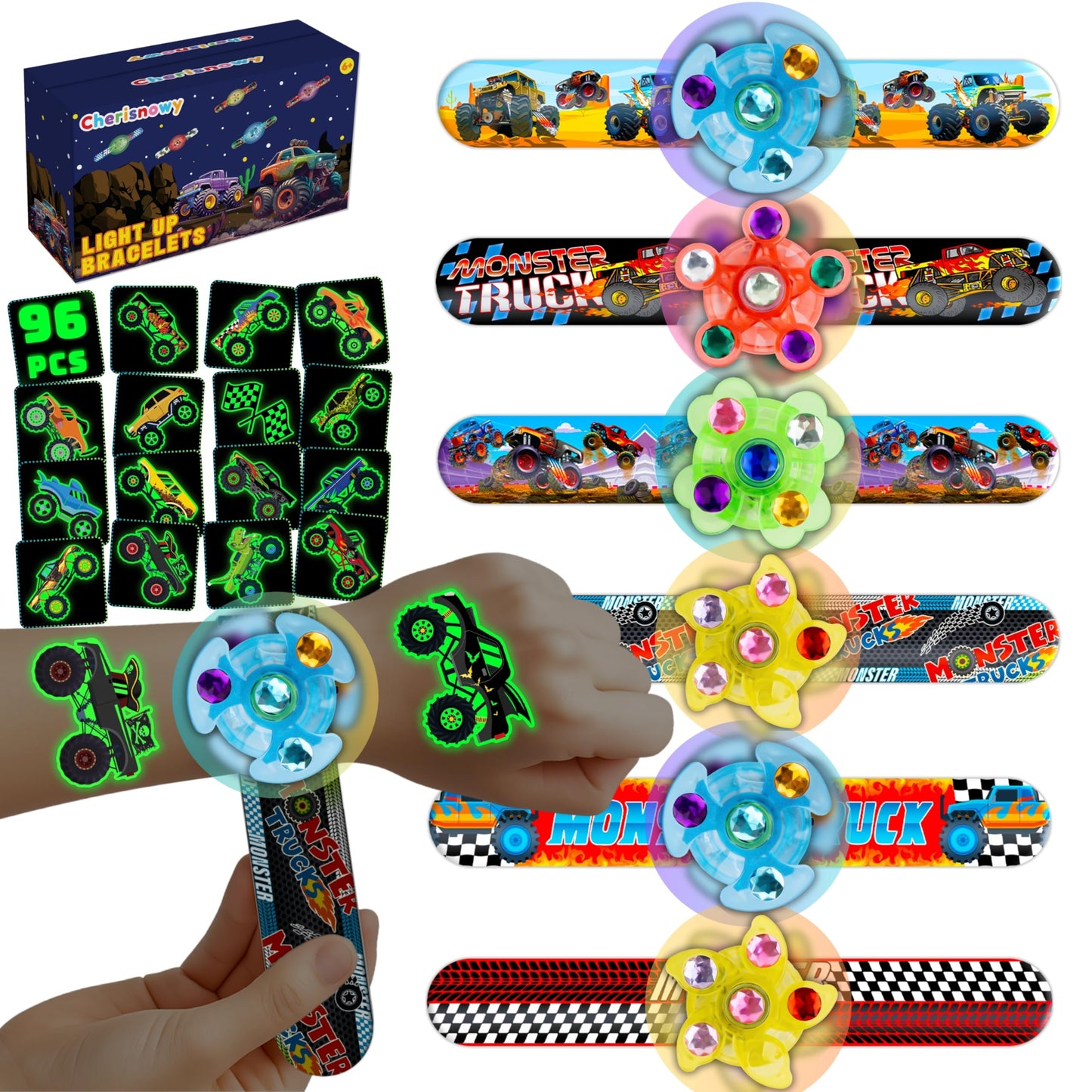 144PCS Monster Truck Party Favors for Kids, 96 Glow Tattoos Pre-cut + 24 Slap Bracelets + 24 Light Up Spinning Toys, Birthday Go