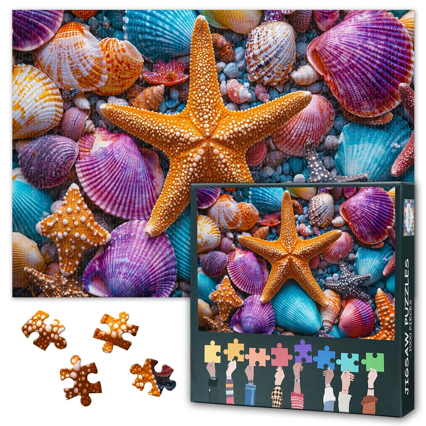 Puzzles for Adults 1000 Pieces - Colorful Sea Shells and Starfish Arranged on a Blue Surface Patterns Hard Difficult Jigsaw Puzz