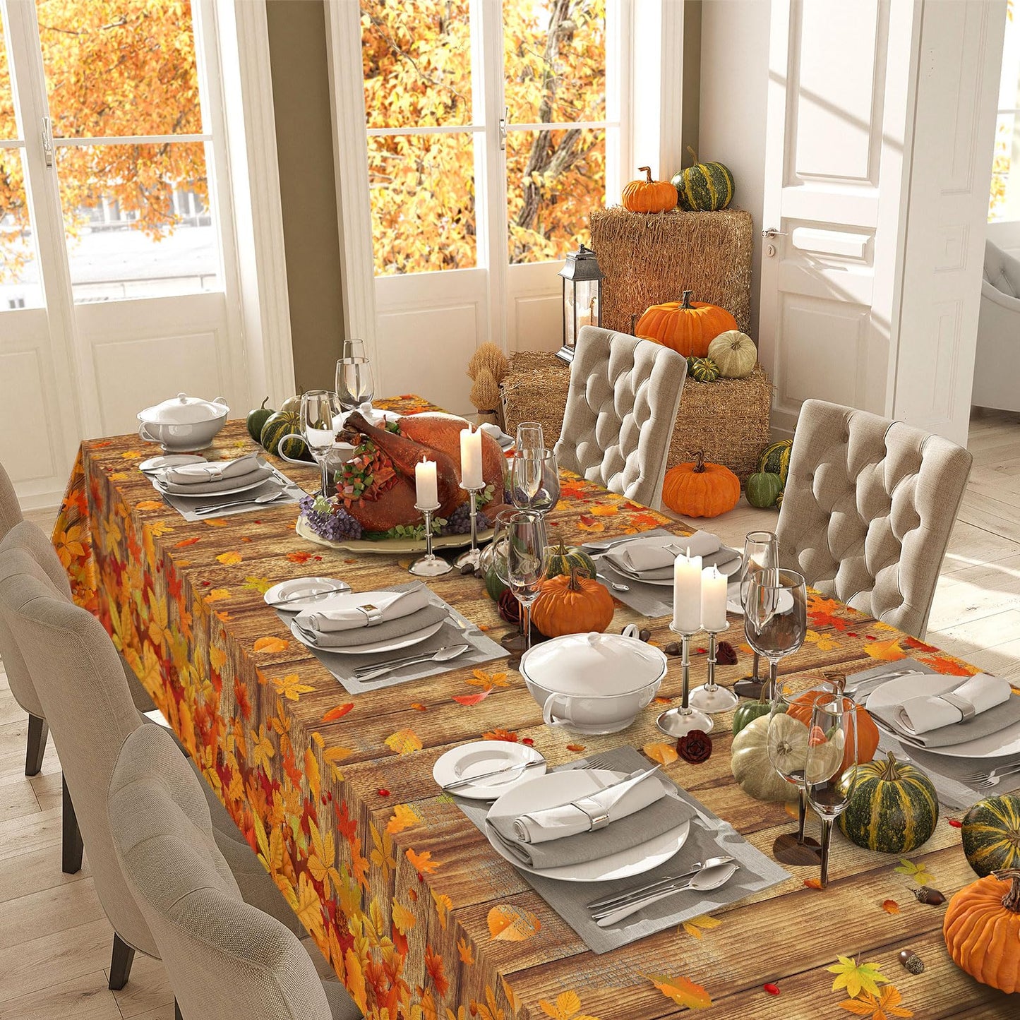 Tiamon 3 Pcs Fall Decoration Indoor Thanksgiving Fall Tablecloth Wood Grain Autumn Leave Party Table Cover Autumn Harvest Tablec
