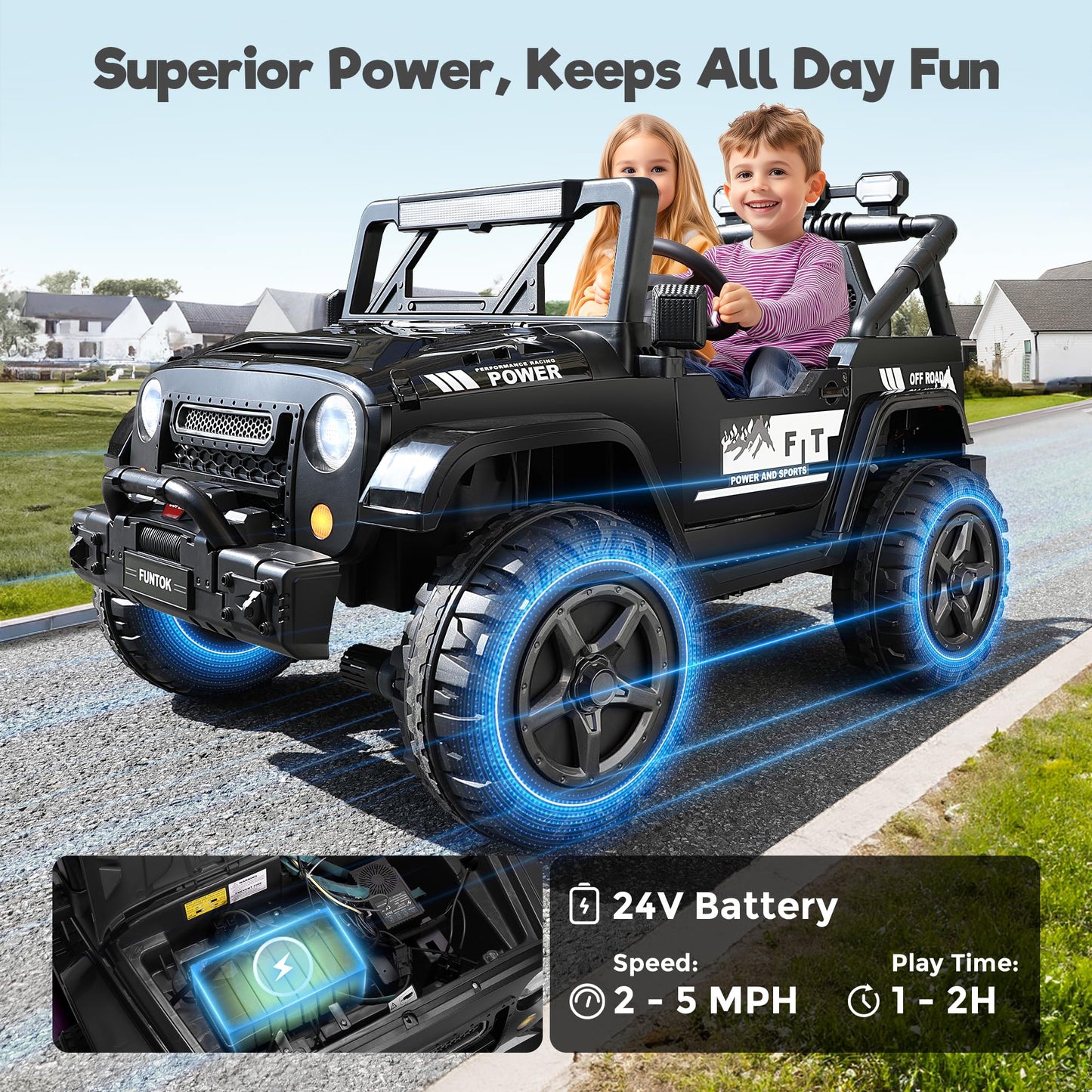 Funtok 24V Ride On Truck For Big Kids, 2 Seater Electric Car W/Remote Control, 4Wd/2Wd Switchable, 4X200W Motor, Truck Bed Stora