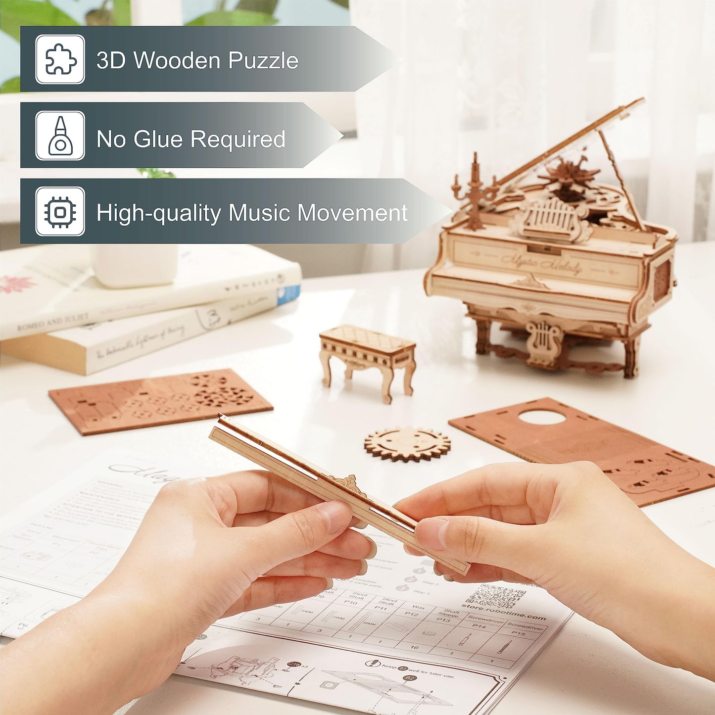 Robotime Amk81 Magic Piano 3D Puzzles For Adults-Mechanical 3D Puzzles Musical Instrument-Wooden Music Box Puzzle Kit To Build-Aesthetic Desk Decor Unique Gift For Men/Women