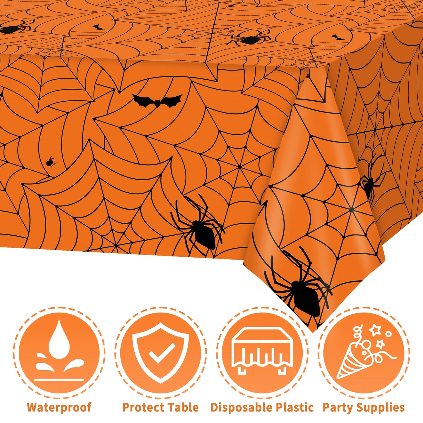 Halloween Tablecloth 3Pcs Orange Spider Web Tablecloth Halloween Party Decorations Supplies Rectangular Spider Cobweb Plastic Table Cover For Halloween Baby Shower, Birthday Decorations - 54' X 108'