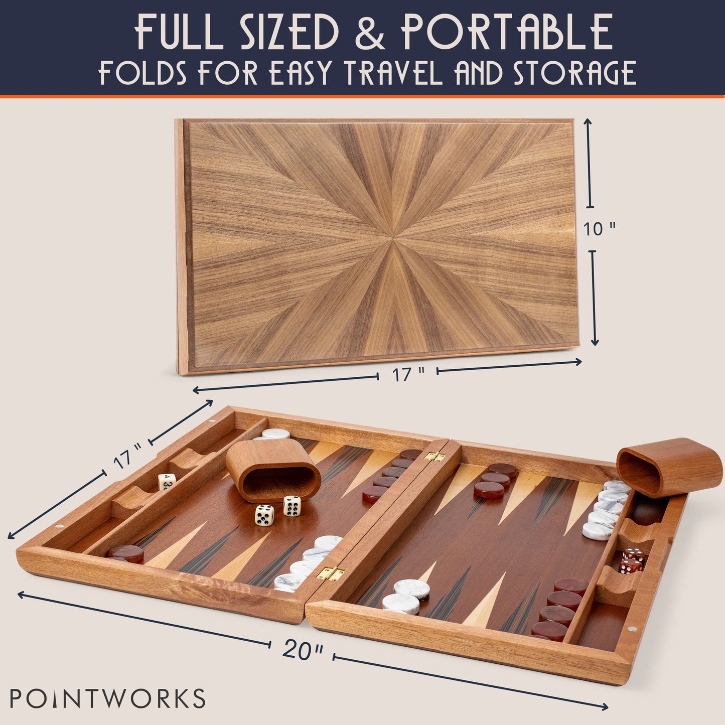 Pointworks 17 Inch Backgammon Sets For Adults. Beautiful Wood Inlaid Backgammon Board Game Set With Unique Checkers & Dice. Larg