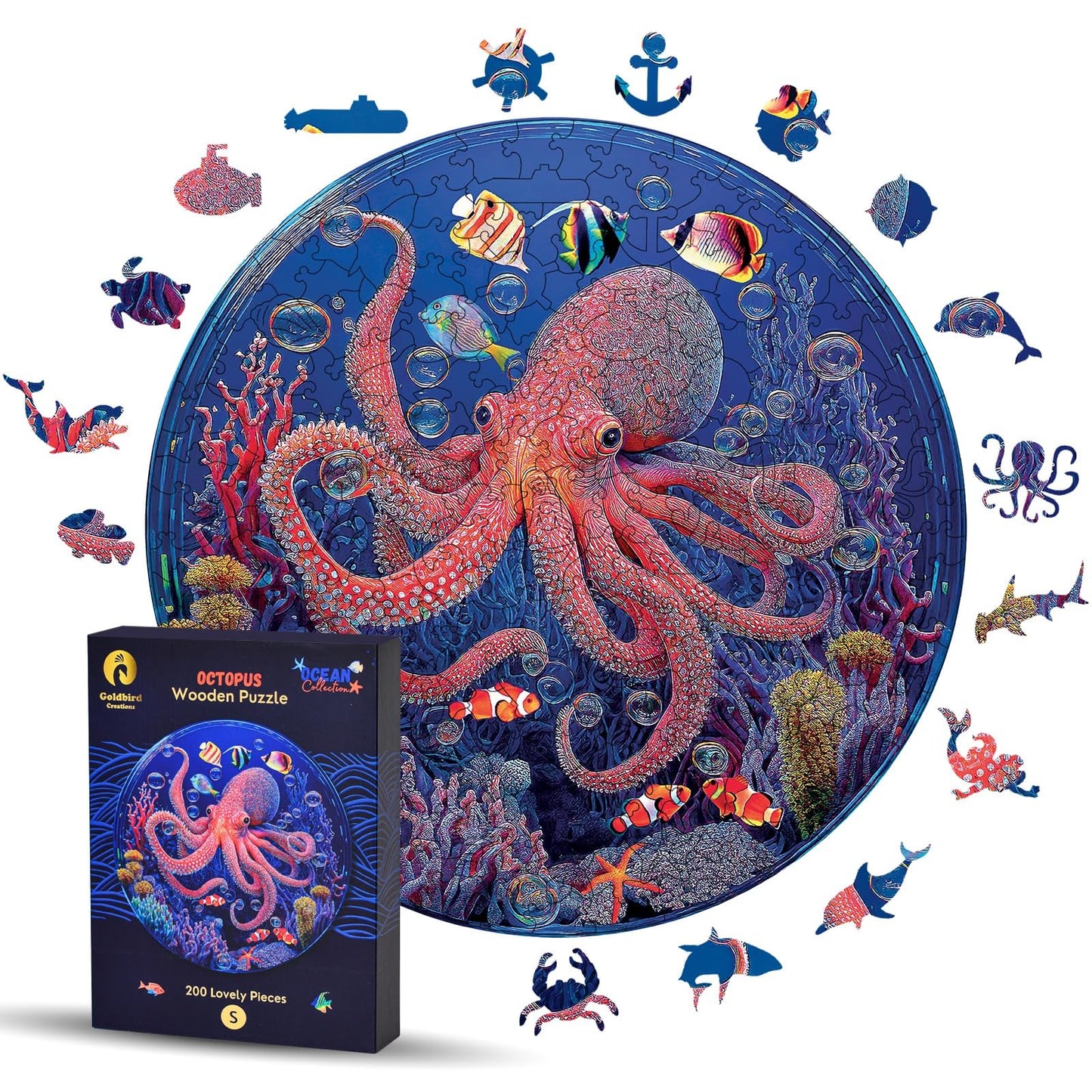 Wooden Jigsaw Puzzles For Adults - Animal Shaped Puzzles - Round Wooden Ocean Puzzles - Christmas & Birthday Gift Idea - Octopus