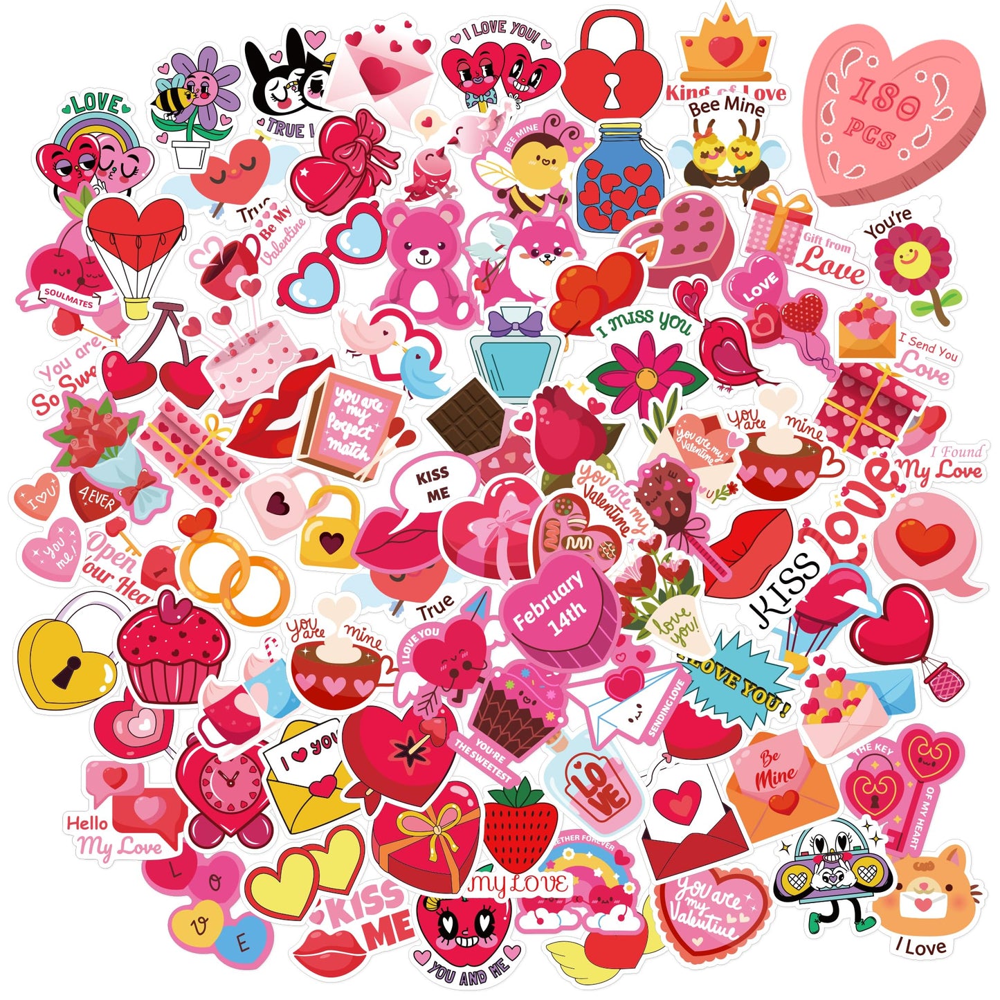 Ohome Valentines Stickers - 180 Pcs Valentines Day Stickers For Kids Classroom School -Vinyl Heart Stickers - Valentines Crafts