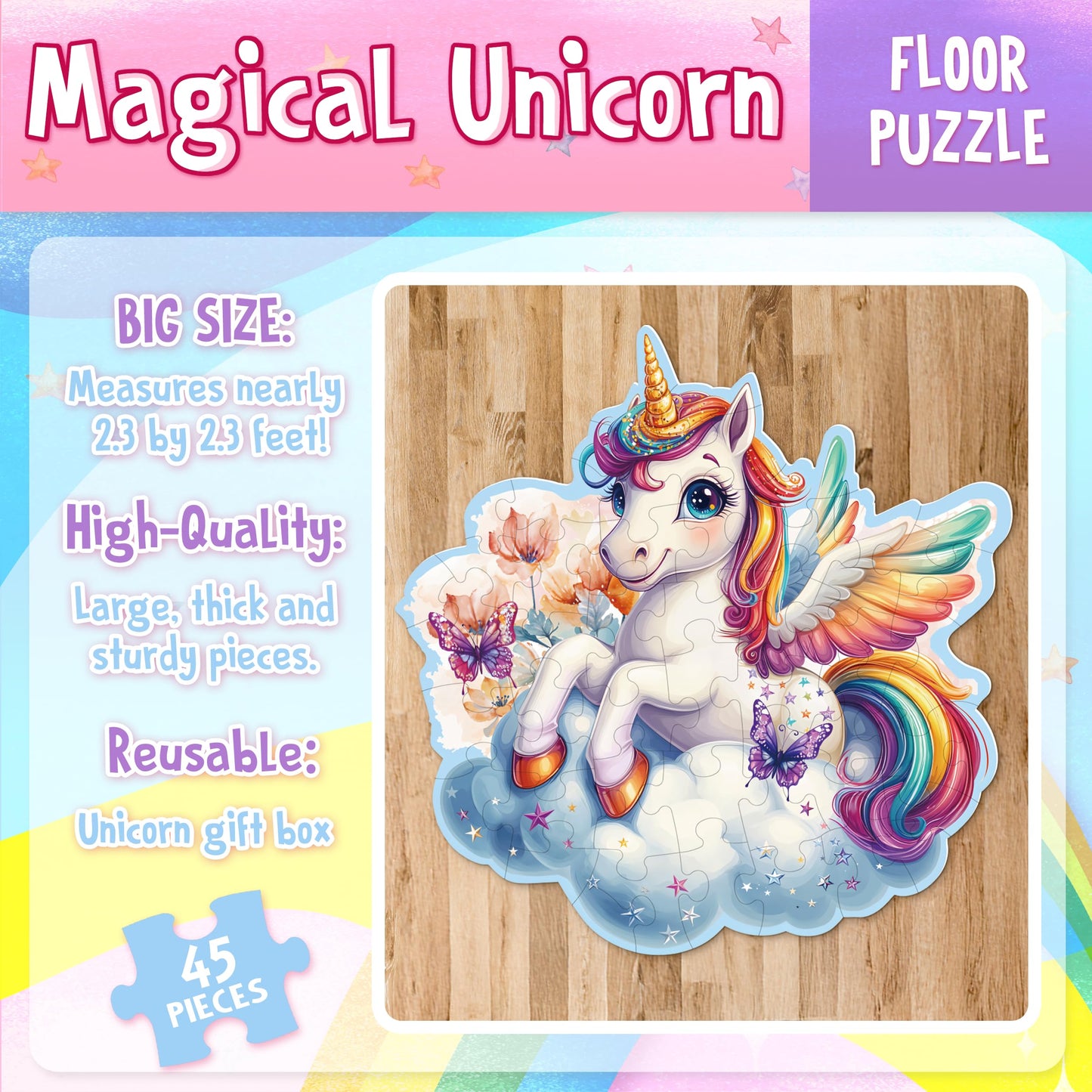 Linaye Unicorn Puzzle For Kids Ages 4-8, Unicorn Floor Puzzles For Girls 4-6, Big Puzzles For Kids Toddlers, 48 Pieces Large Uni