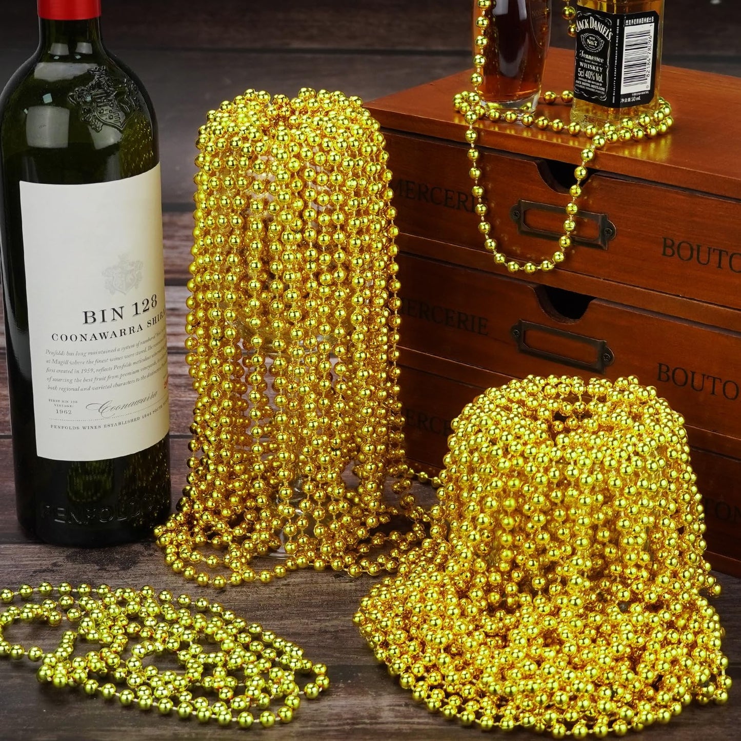 YAXINRUI 72 PCS Metallic Gold Bead Necklaces, 33 Inch 7 mm Mardi Gras Beads Bulk Round Beaded Necklaces Costume Necklace for Mar