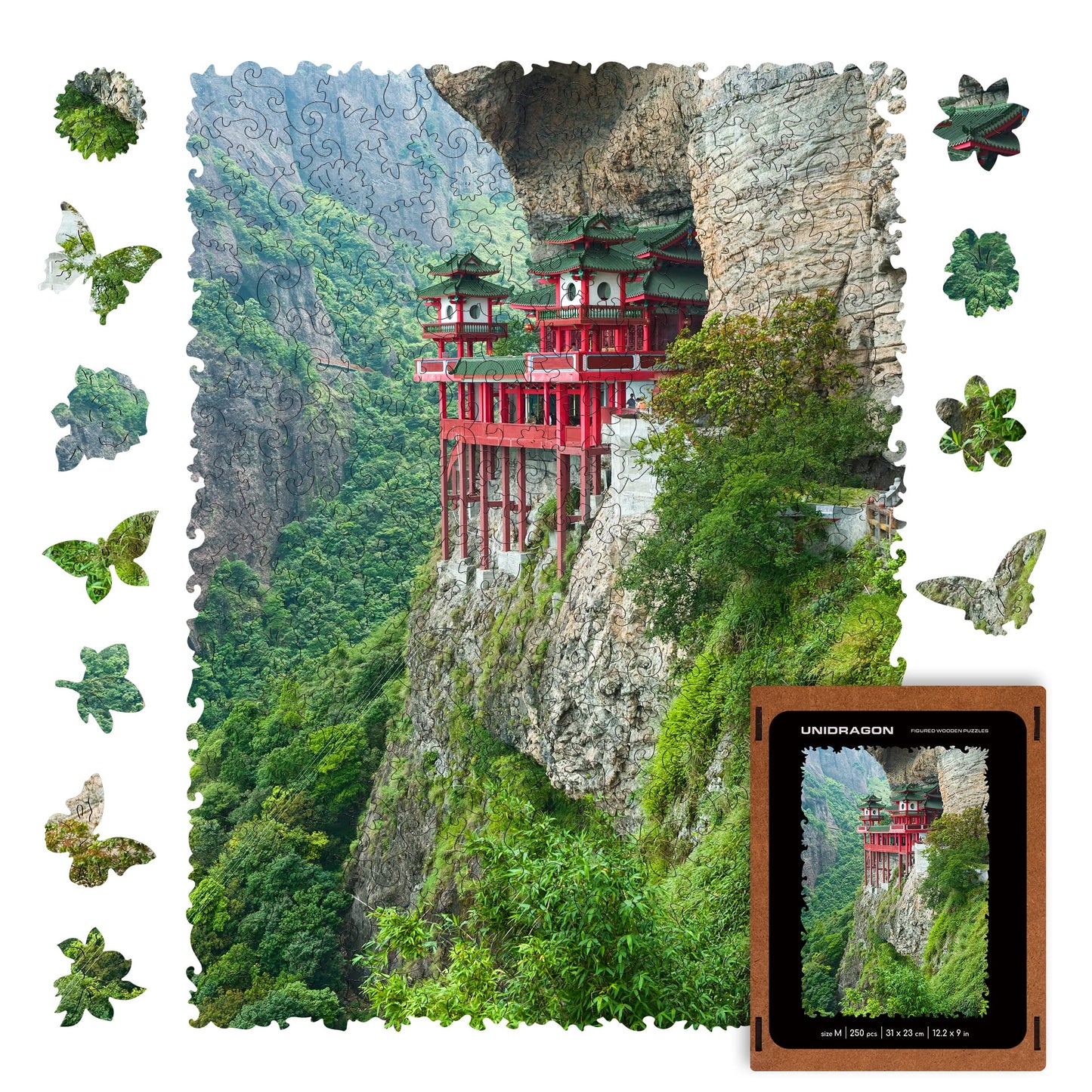 Unidragon Original Wooden Jigsaw Puzzles - Nature Soaring Temple, 250 Pcs, Medium 12.2'X9', Beautiful Gift Package, Unique Shape Best Gift For Adults And Kids