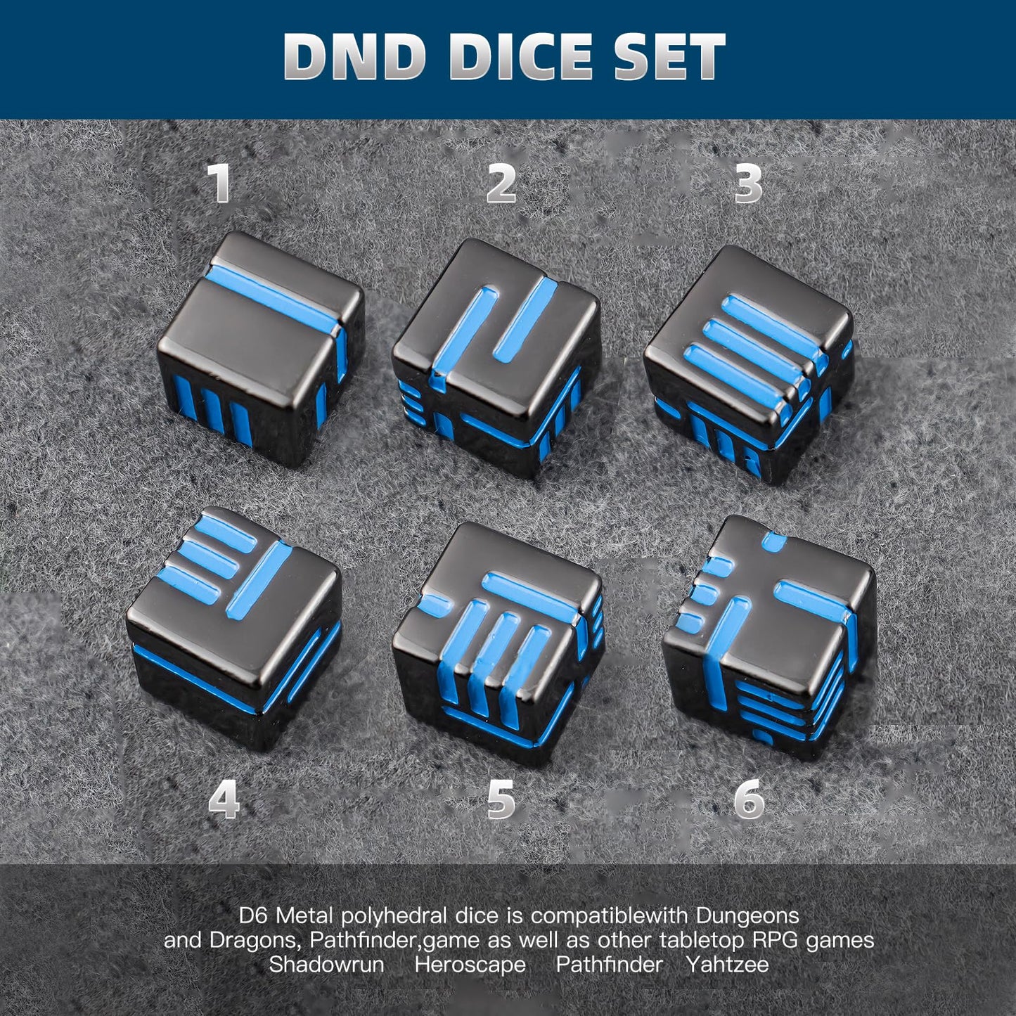 PCCECQEE DND Dice,D6 Dice DND,16mm D&D Metal Dice Set for Dungeons and Dragons with Blue Dice,Tenzi,Farkle,Yahtzee, Bunco or Tea