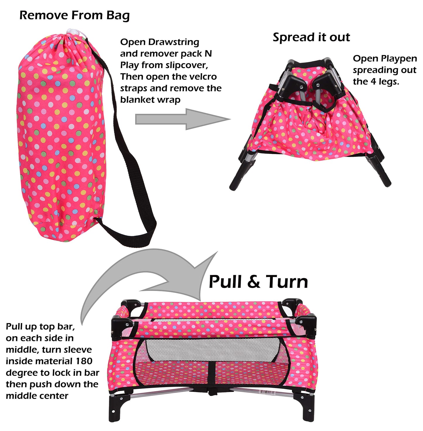 fash n kolor Doll Play Set - 3 in 1 Set with Stroller & High Chair for 18'' Dolls - Polka Dot - Model 4607