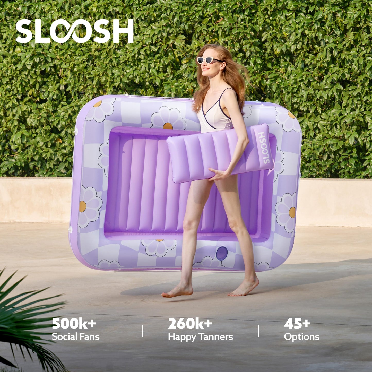SLOOSH Inflatable Tanning Pool Lounger Float 70 x 46 Pool Floats mature-themed with Pillow 4 in 1 Suntan Tub Raft Floatie Sunbathing Bed Lounge for Water Blow Up Ball Pit Party Gifts Purple Chase Flower